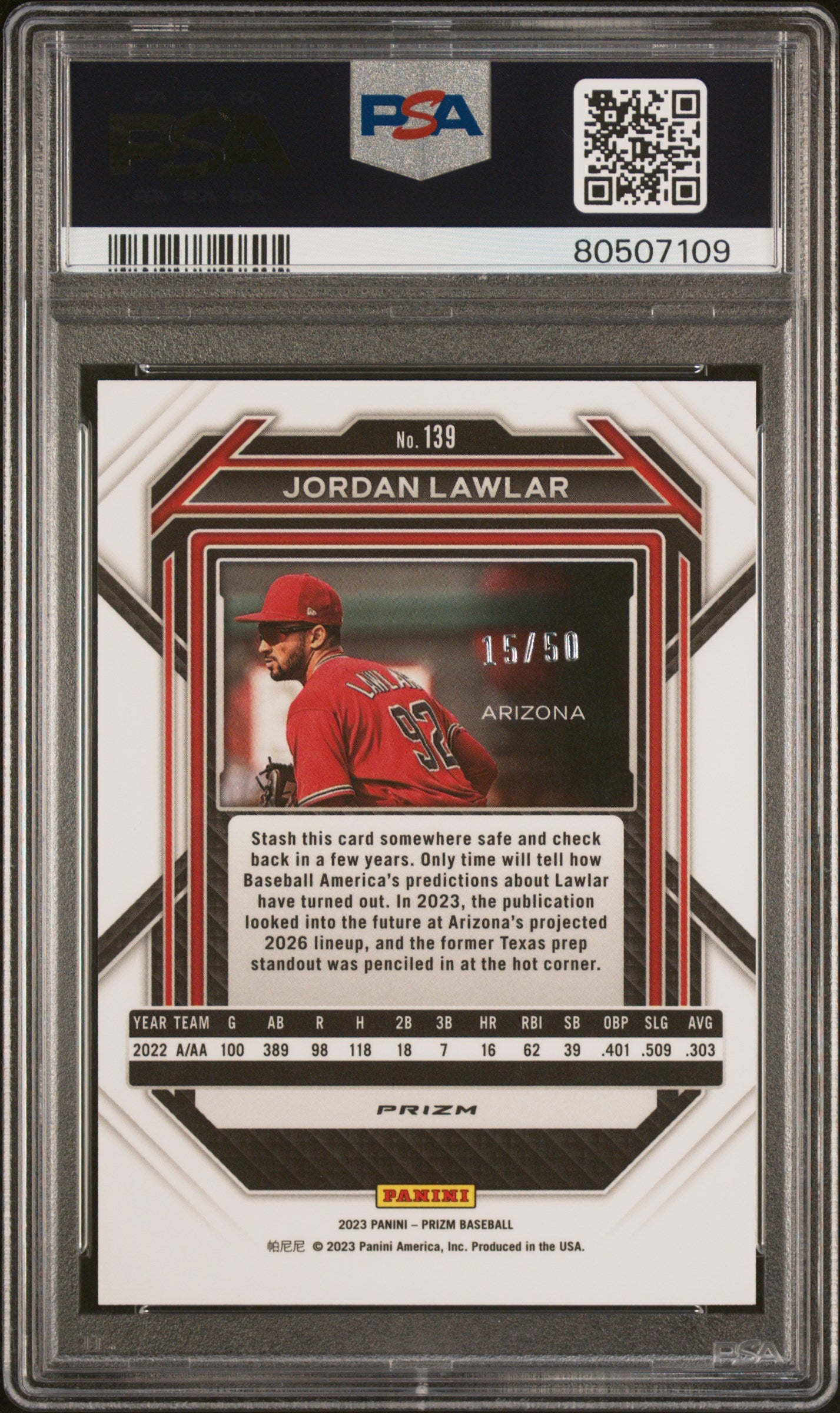 2023 Panini Prizm Baseball—Jordan Lawlar #139 Orange Wave —PSA 10