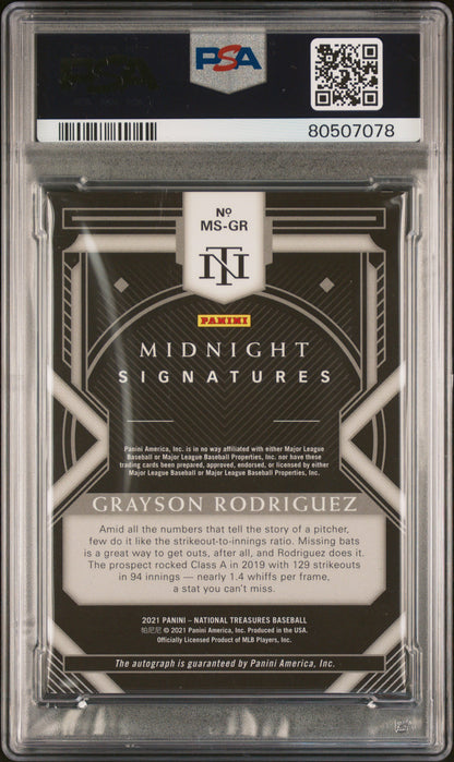 2021 Panini Nat. Treasures Midnight Sign.—Grayson Rodriguez #MSGR 18/25—PSA 9