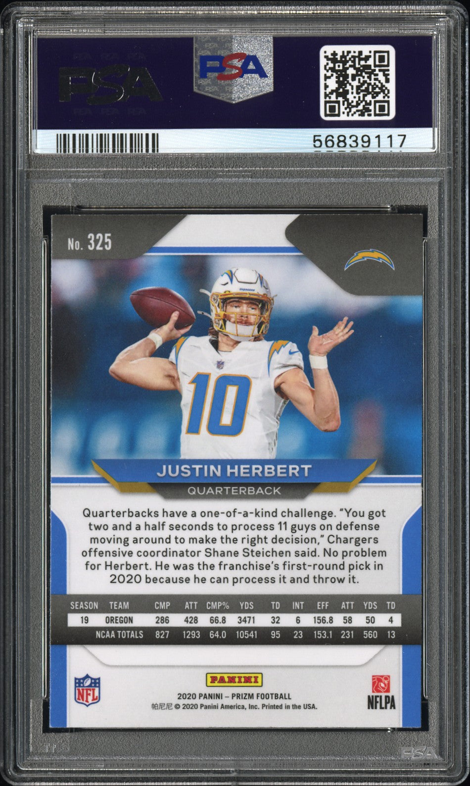 2020 Panini Prizm Football Justin Herbert #325 PSA 9