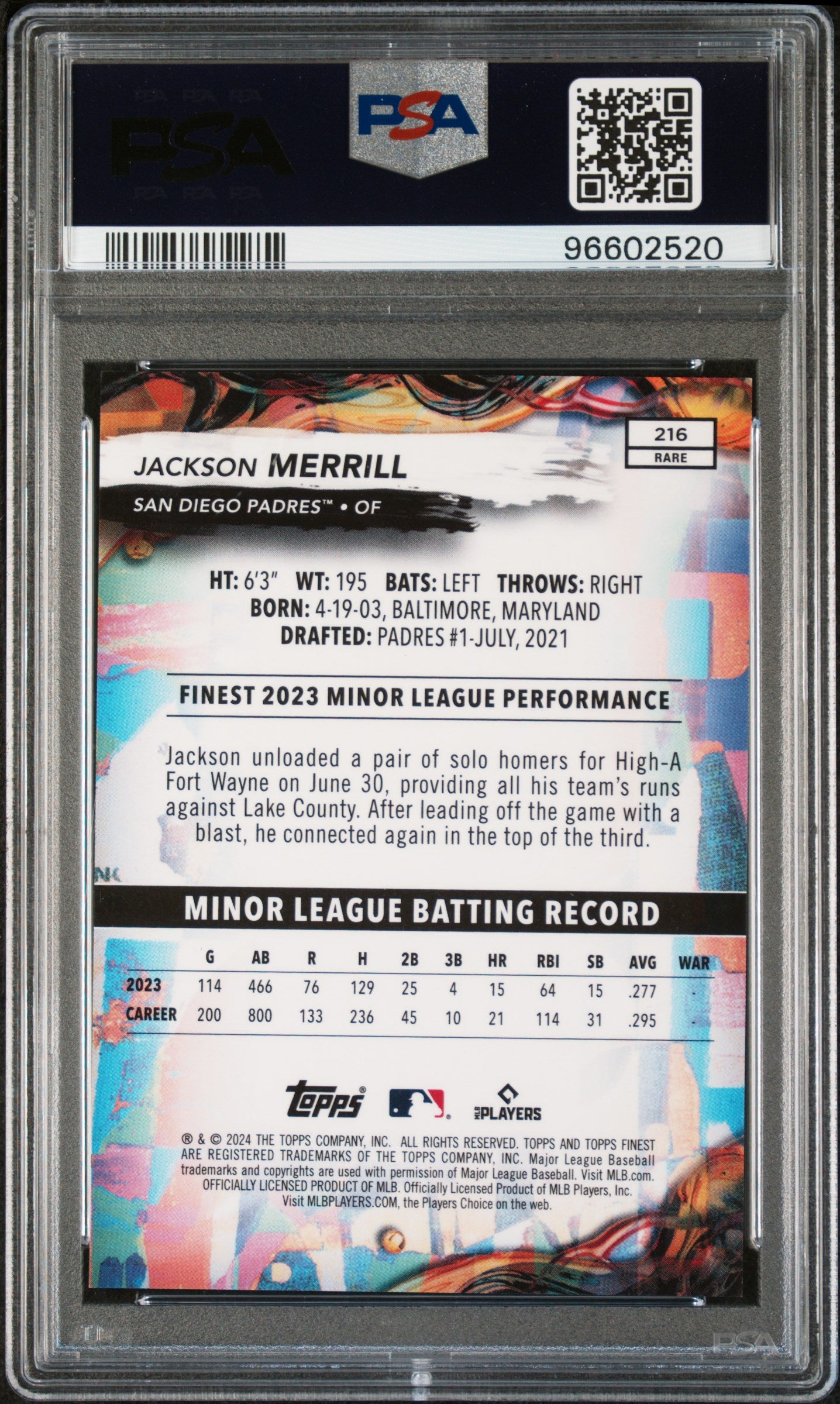 2024 Topps Finest Baseball Jackson Merrill 052/125 Purple Refractor #216 PSA 10