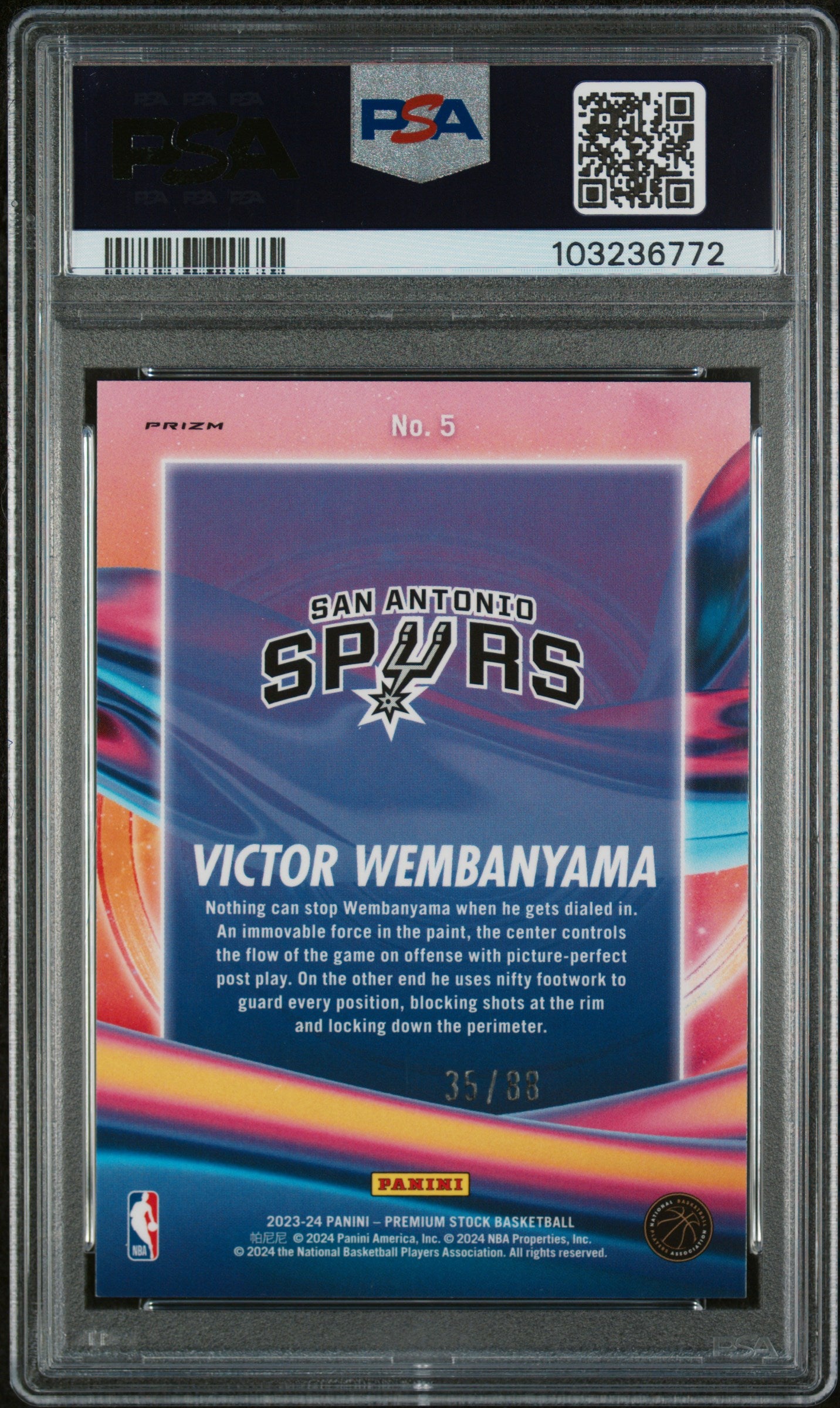2023 Panini Hoops Premium Stock Basketball Victor Wembanyama Red Prizm #5 PSA 9