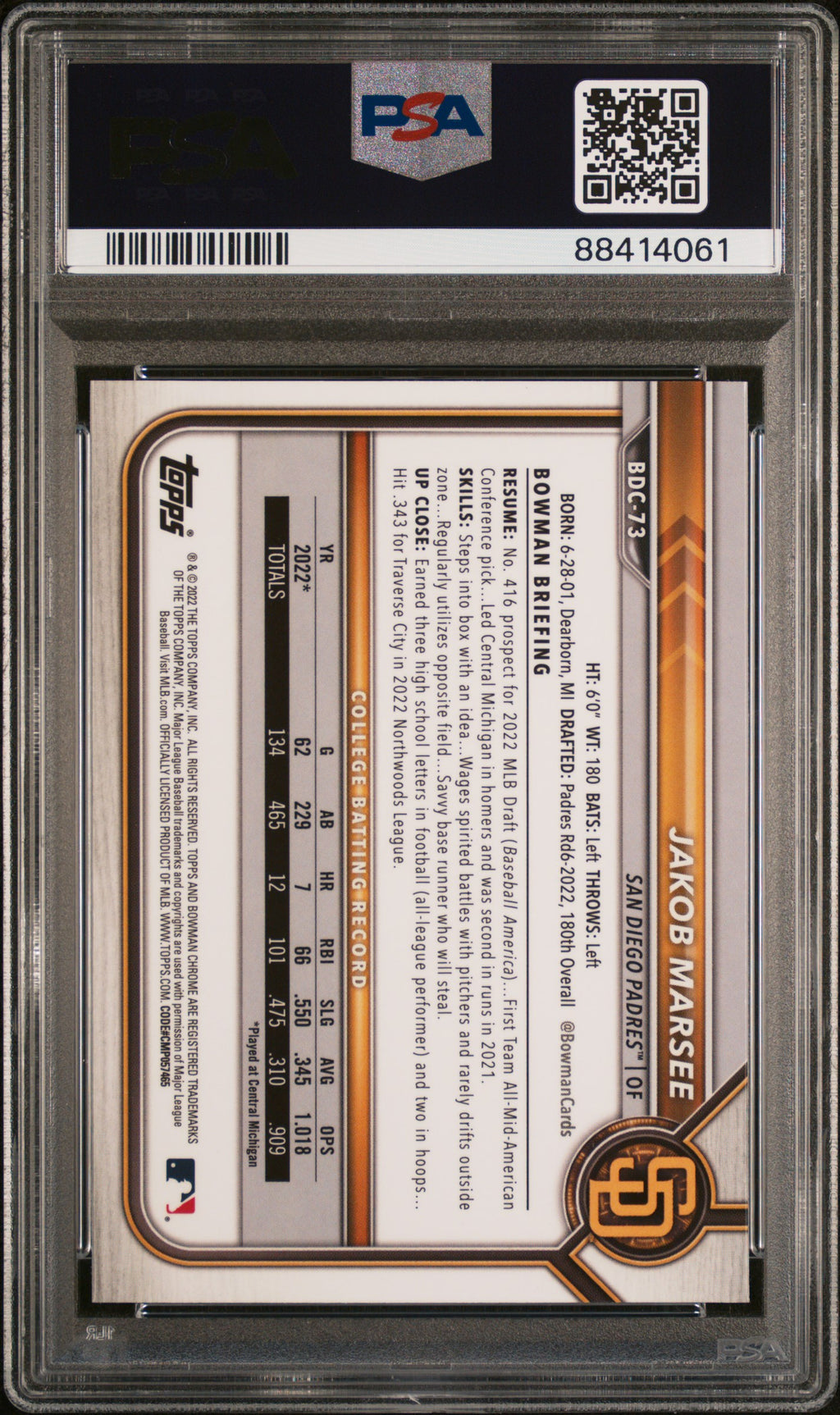 Bowman 2022 Draft Chrome Sapphire Edition Baseball—Jakob Marsee #BDC73 —PSA 10