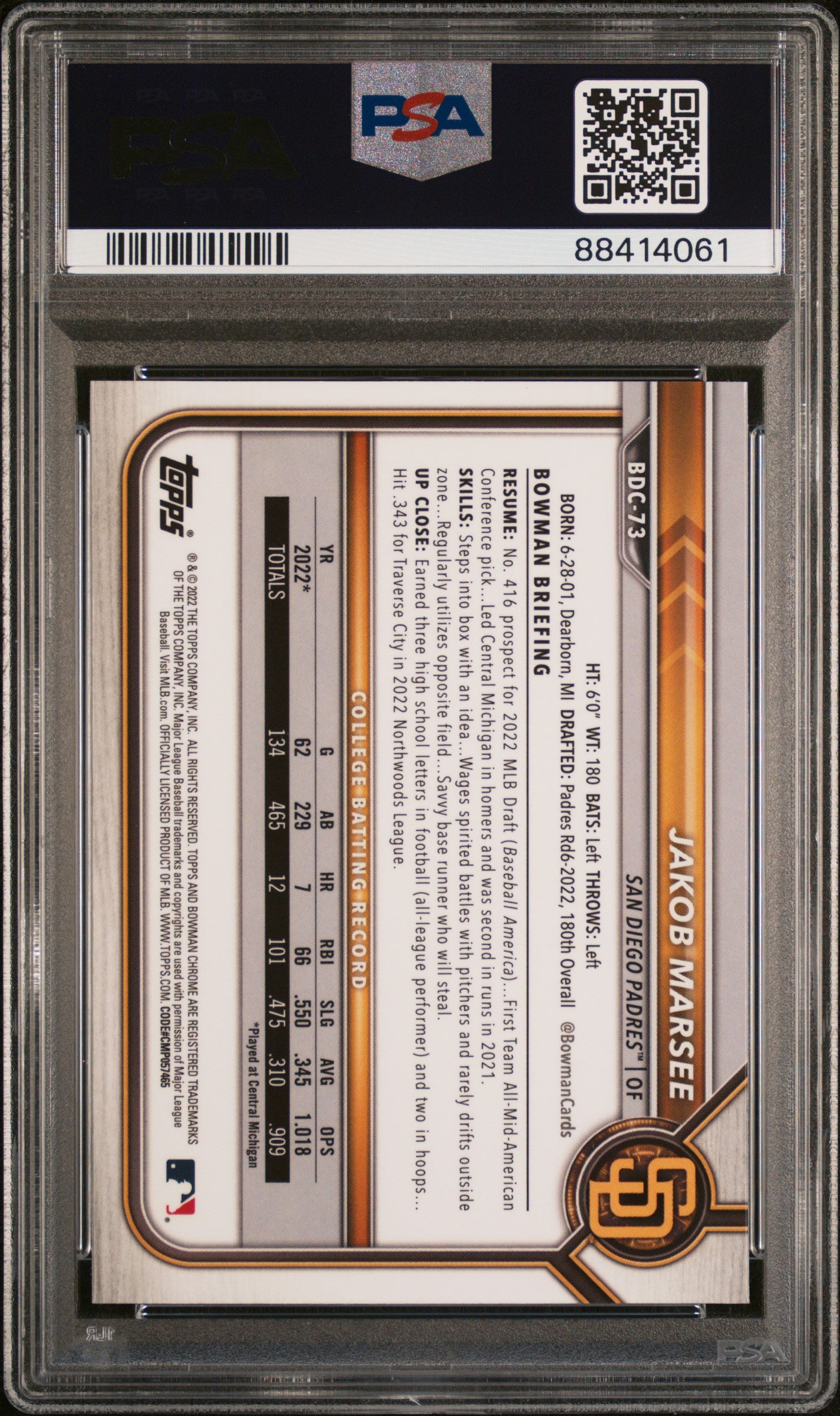 Bowman 2022 Draft Chrome Sapphire Edition Baseball—Jakob Marsee #BDC73 —PSA 10