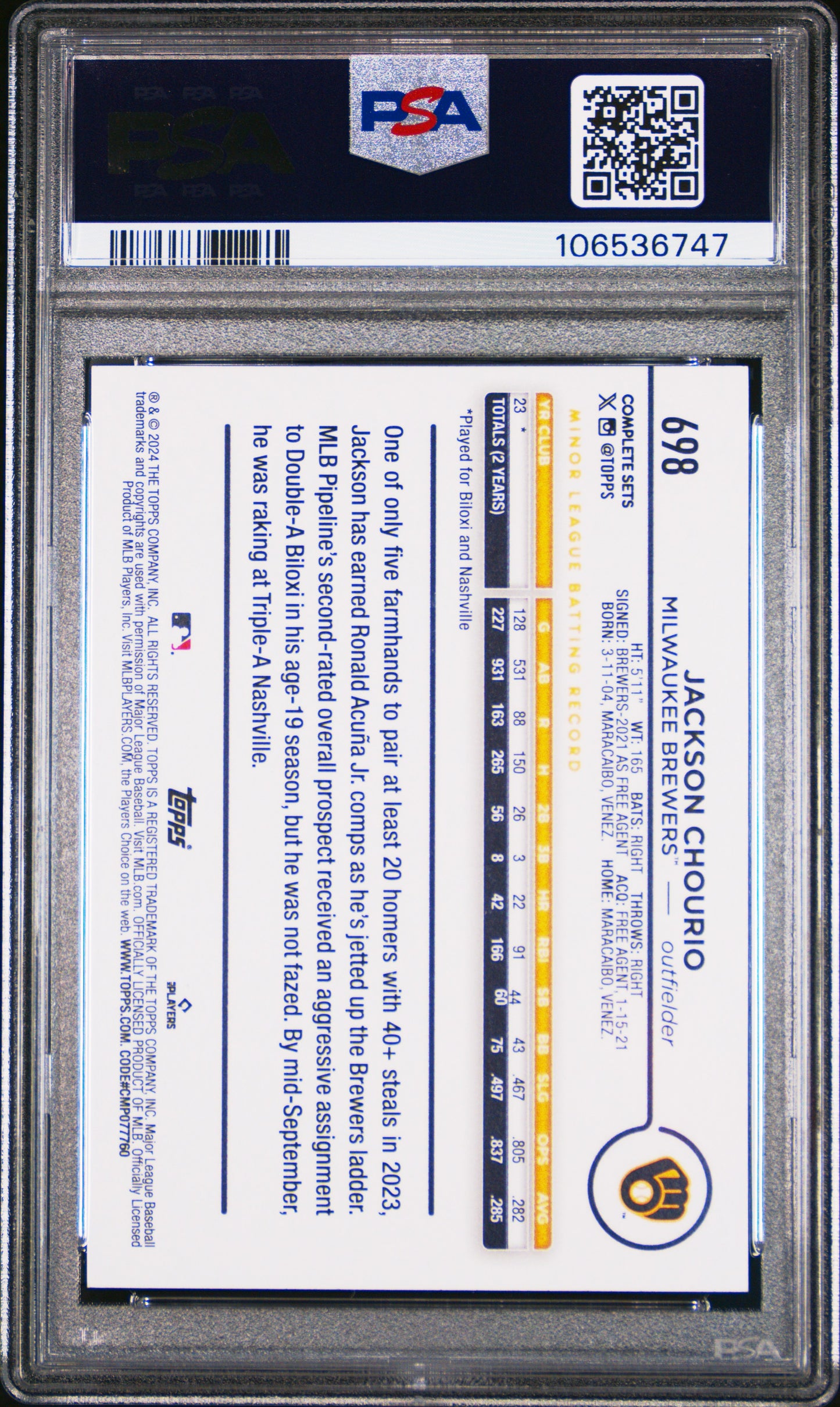 2024 Topps Complete Set Baseball Jackson Chourio Variation #698 PSA 9