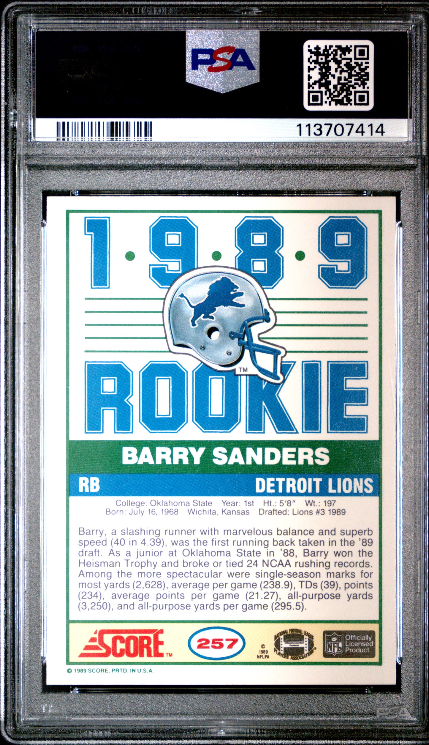1989 Score Football Barry Sanders #257 PSA 8