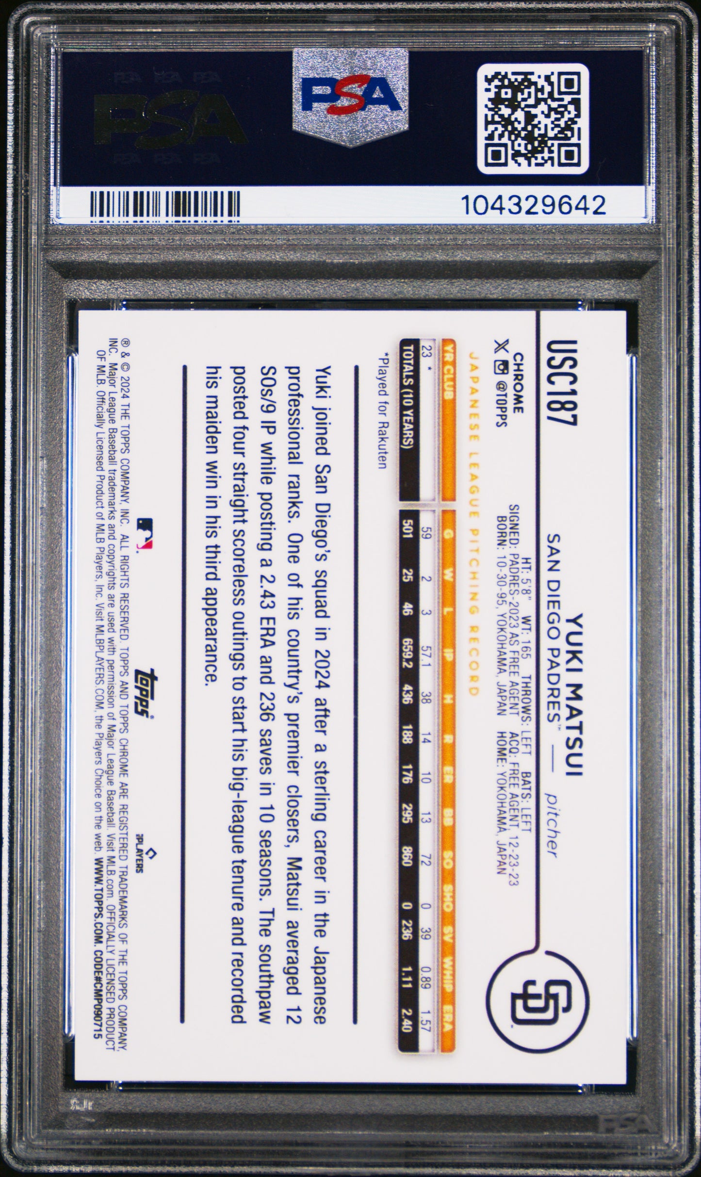 2024 Topps Chrome Update Baseball Yuki Matsui 07/25 #USC187 PSA 10