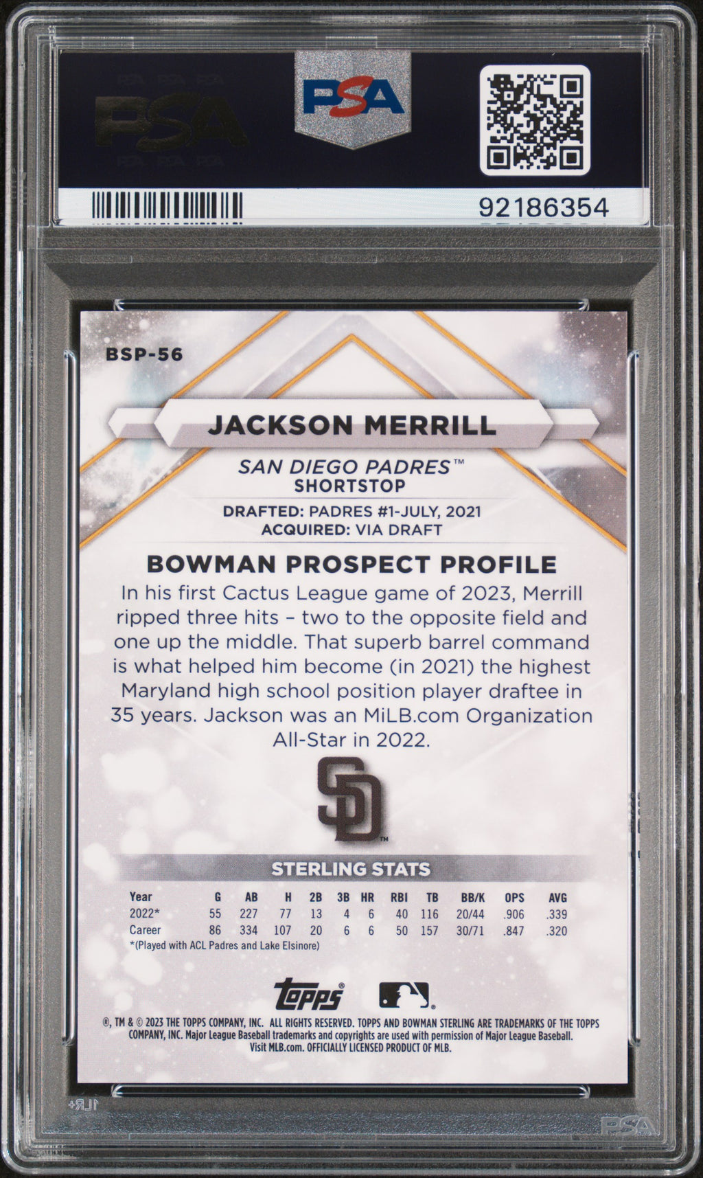 2023 Bowman Sterling Baseball—Jackson Merrill #BSP56 Mini Dia. Ref 033/150—PSA 9