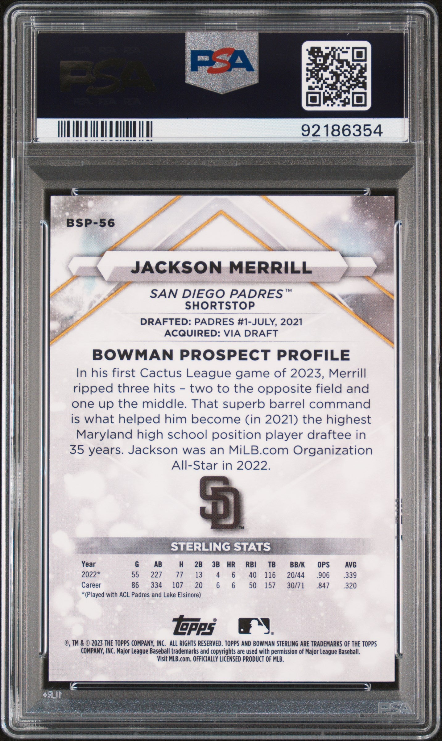 2023 Bowman Sterling Baseball—Jackson Merrill #BSP56 Mini Dia. Ref 033/150—PSA 9