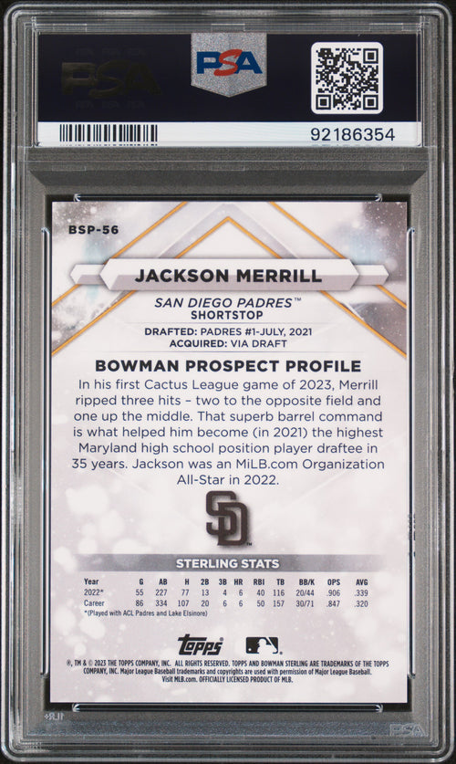 2023 Bowman Sterling Baseball—Jackson Merrill #BSP56 Mini Dia. Ref 033/150—PSA 9
