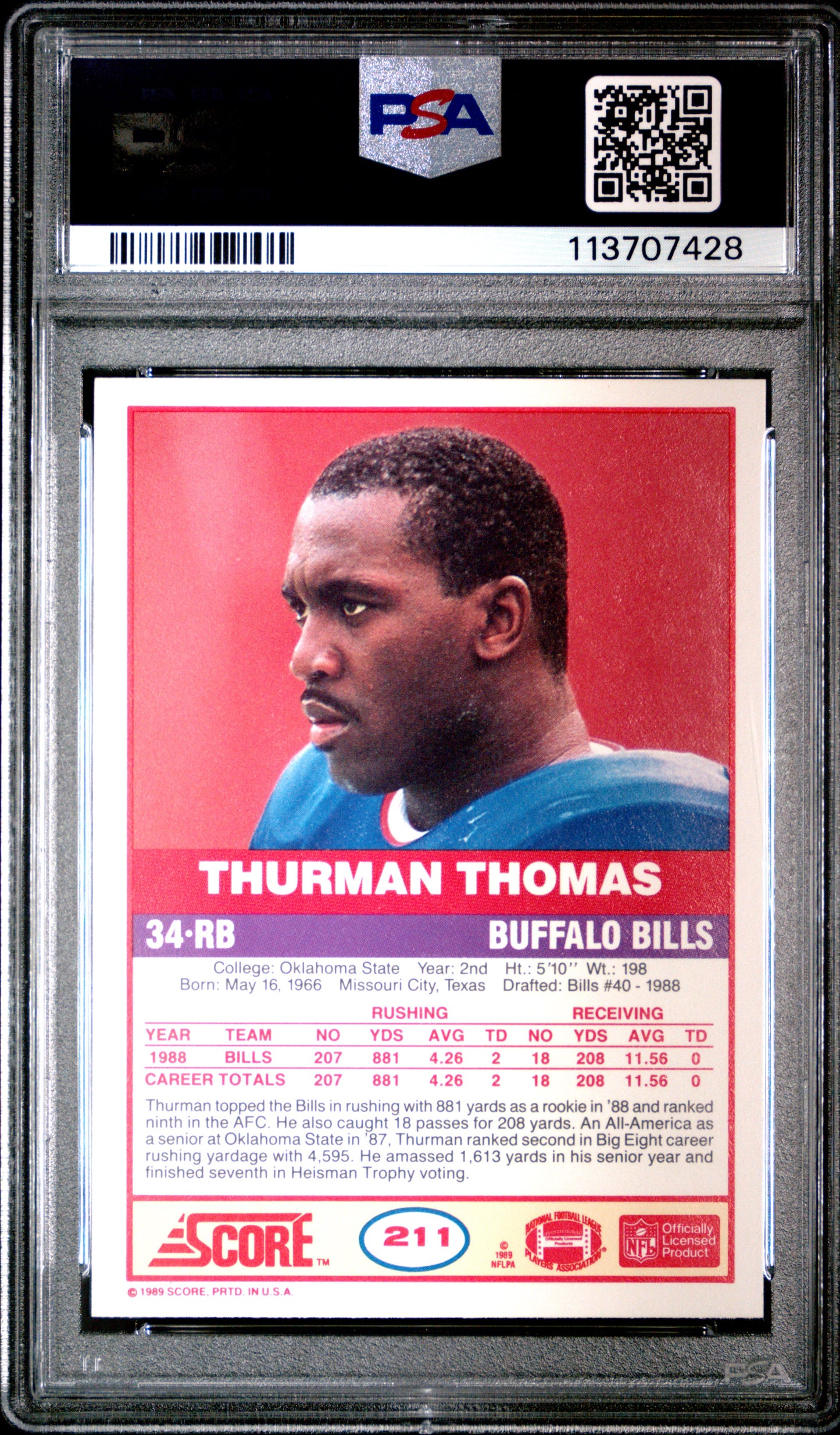 1989 Score Football Thurman Thomas #211 PSA 8