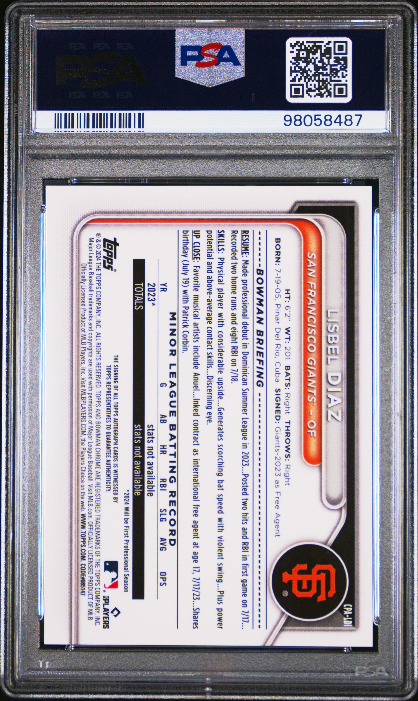2024 Bowman Chrome Prospect Autographs Baseball Lisbel Diaz #CPALDI PSA 10