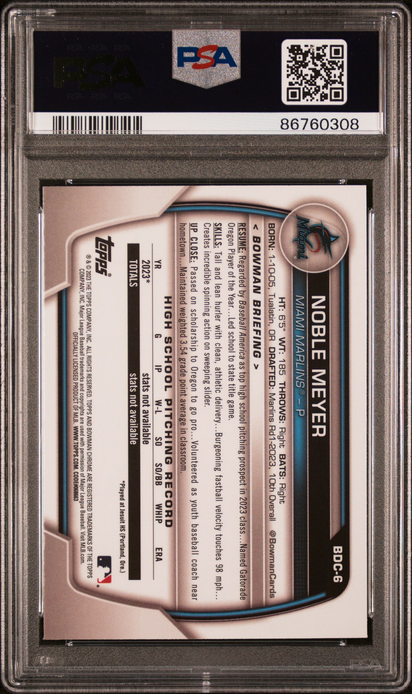 2023 Bowman Draft Baseball Noble Meyer Sky Blue Refractor #BDC6 PSA 10