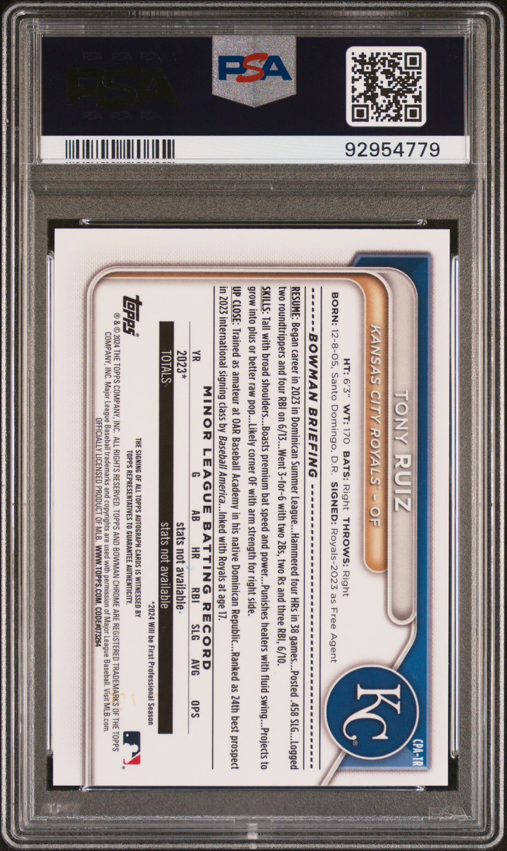 2024 Bowman Chrome Prospect Autographs—Tony Ruiz #CPATR Green Shim 02/99—PSA 10