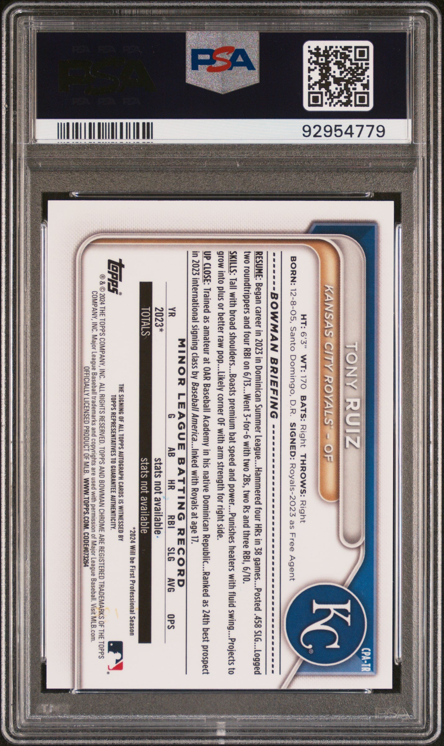 2024 Bowman Chrome Prospect Autographs—Tony Ruiz #CPATR Green Shim 02/99—PSA 10