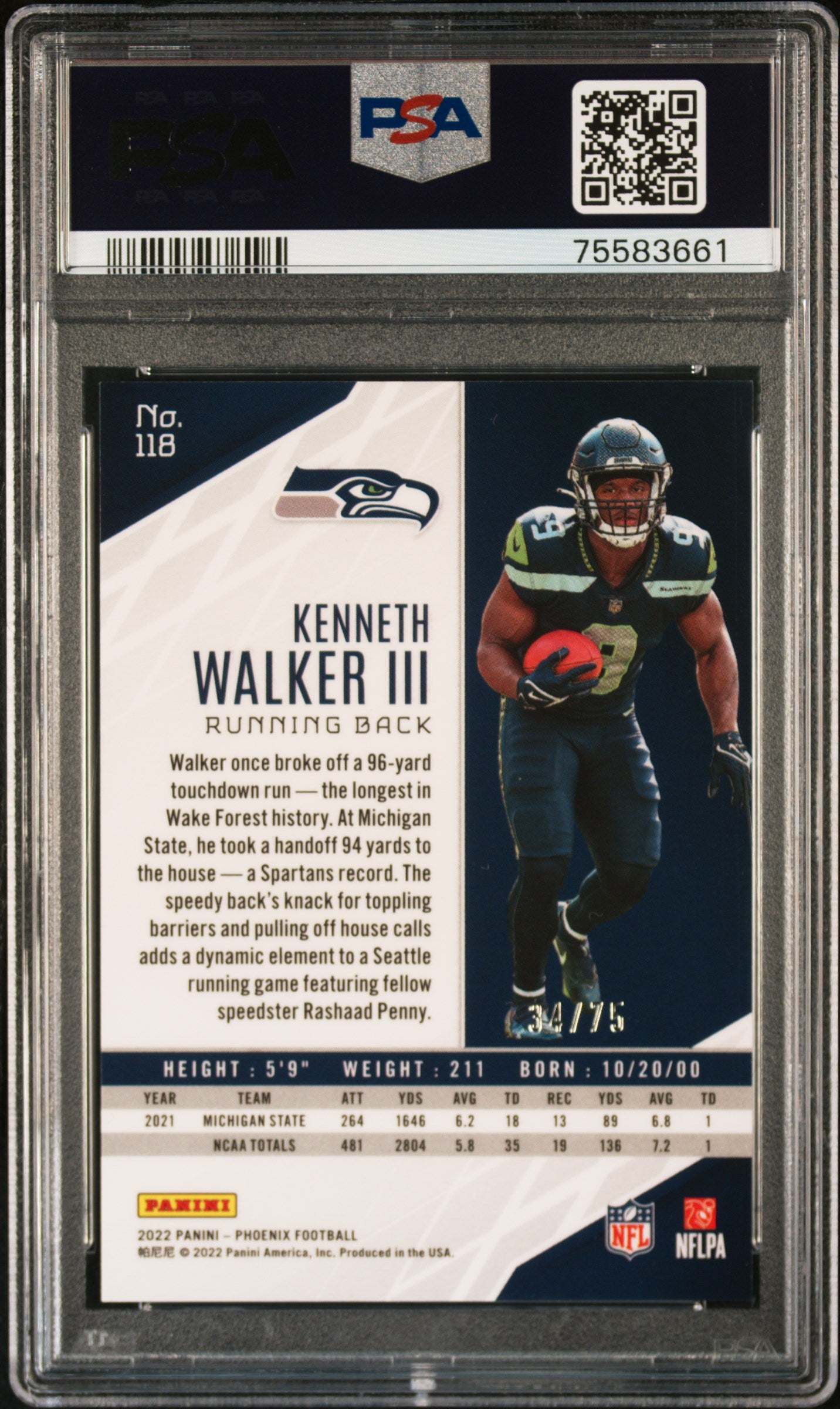 2022 Panini Phoenix Football Kenneth Walker III Orange Lazer #118 PSA 10