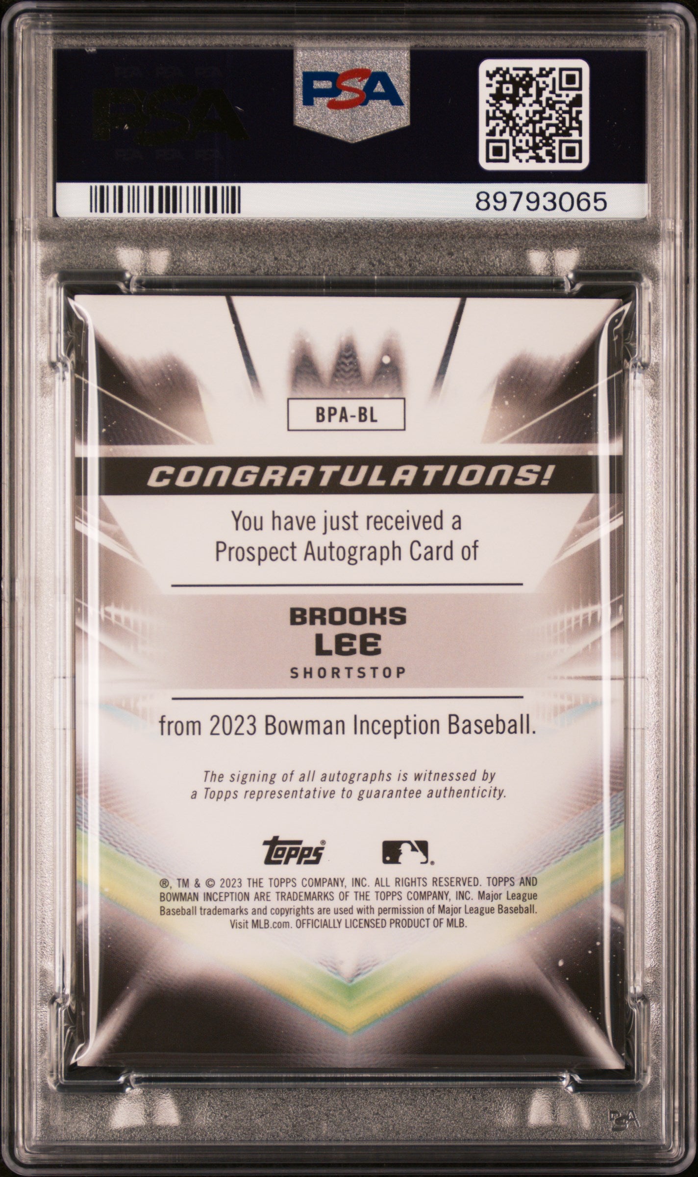 2023 Bowman Inception Autographs Baseball—Brooks Lee #BPABL 100/200—PSA 10
