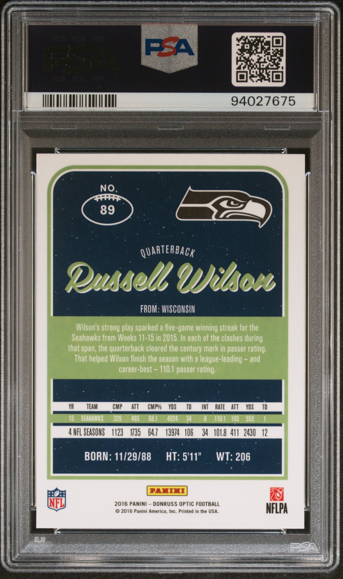 2016 Panini Donruss Optic Football Russell Wilson Holo #89 PSA 10