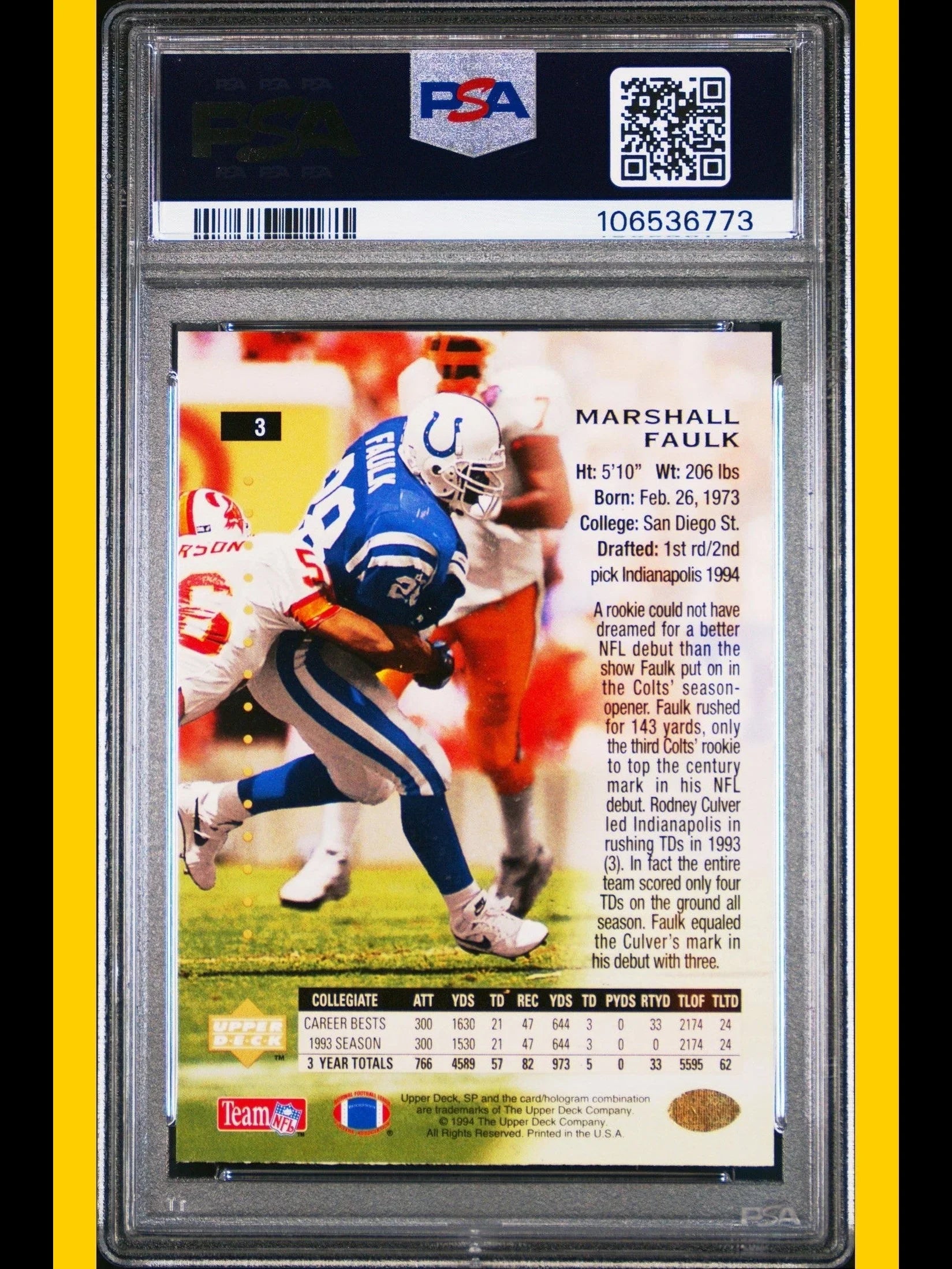 1994 SP Football Marshall Faulk Foil #3 PSA 8 - Papa Joey's Collectibles
