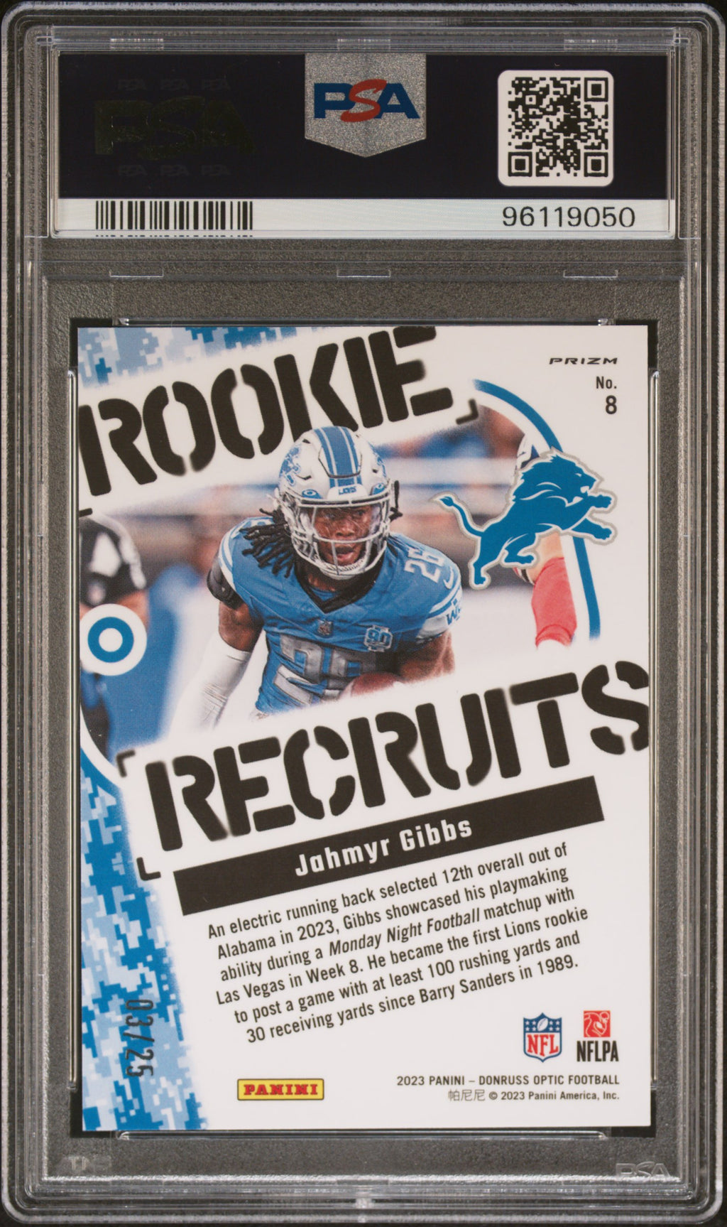 2023 Panini Donruss Optic Rookie Recruits Football—Jahmyr Gibbs #8 —PSA 10