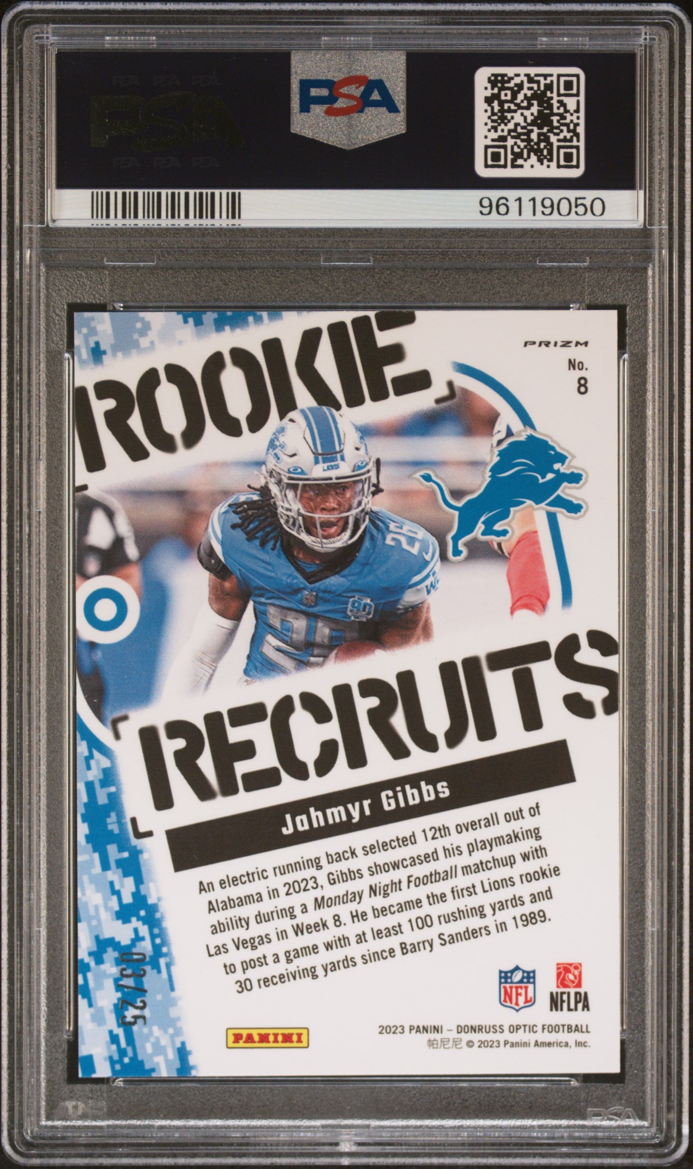 2023 Panini Donruss Optic Rookie Recruits Football—Jahmyr Gibbs #8 —PSA 10