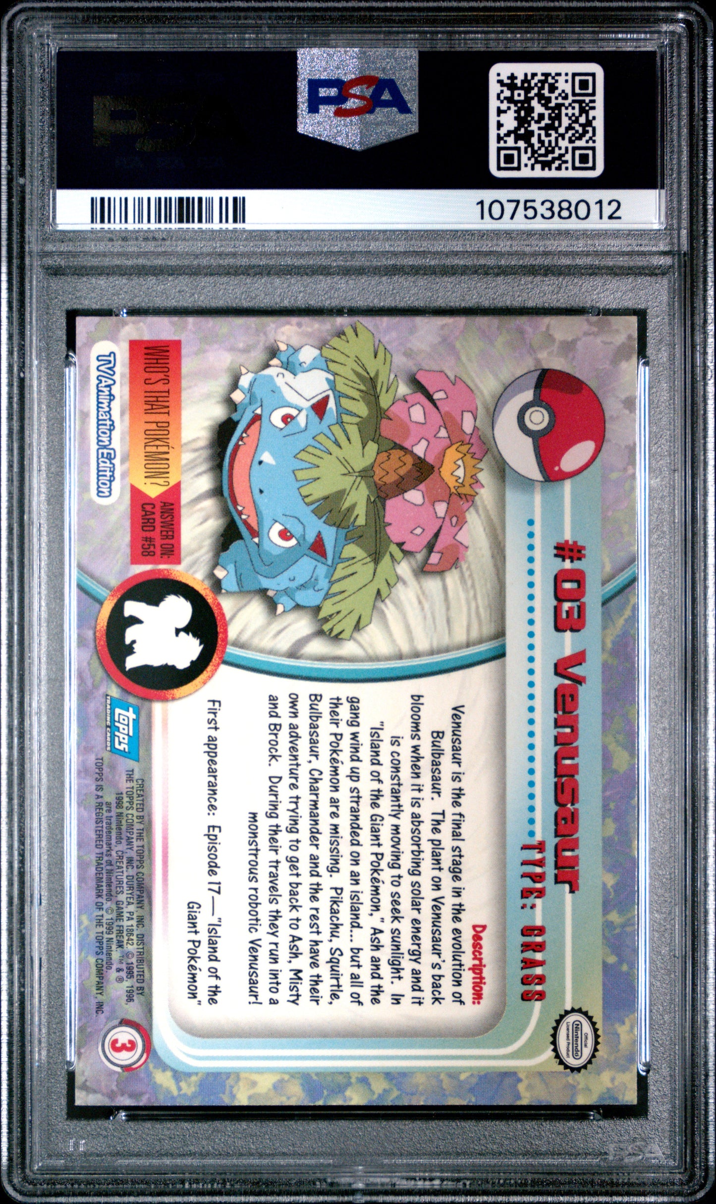 Venusaur 1999 Topps Pokemon TV #3 PSA 8