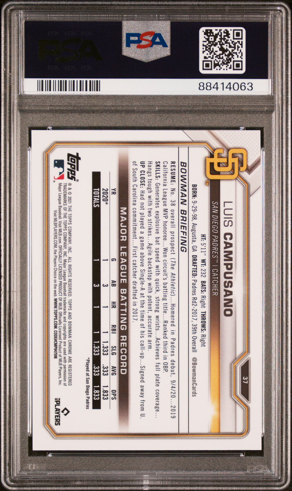 Bowman 2021 Bowman Chrome X Baseball—Luis Campusano #37 —PSA 10