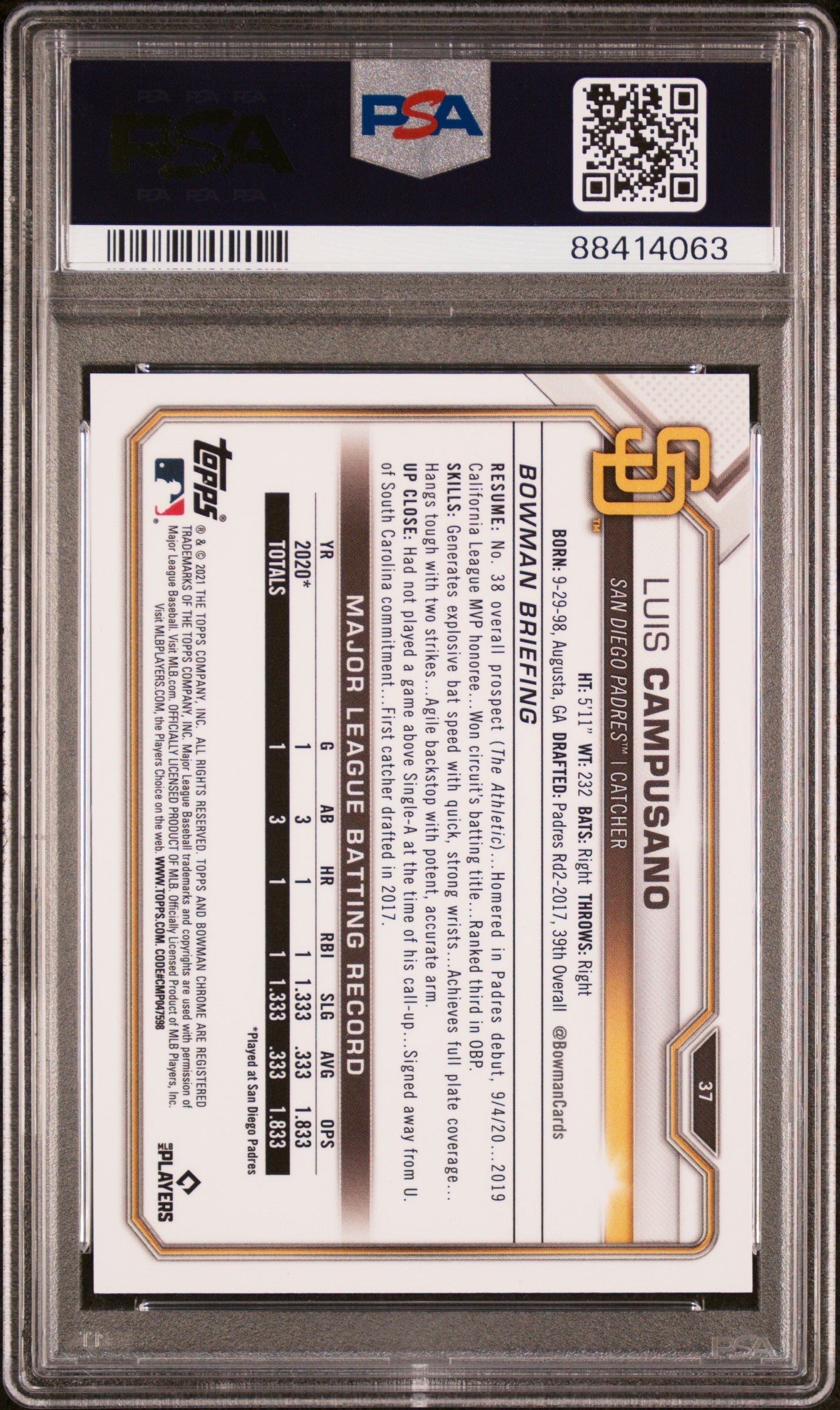 Bowman 2021 Bowman Chrome X Baseball—Luis Campusano #37 —PSA 10