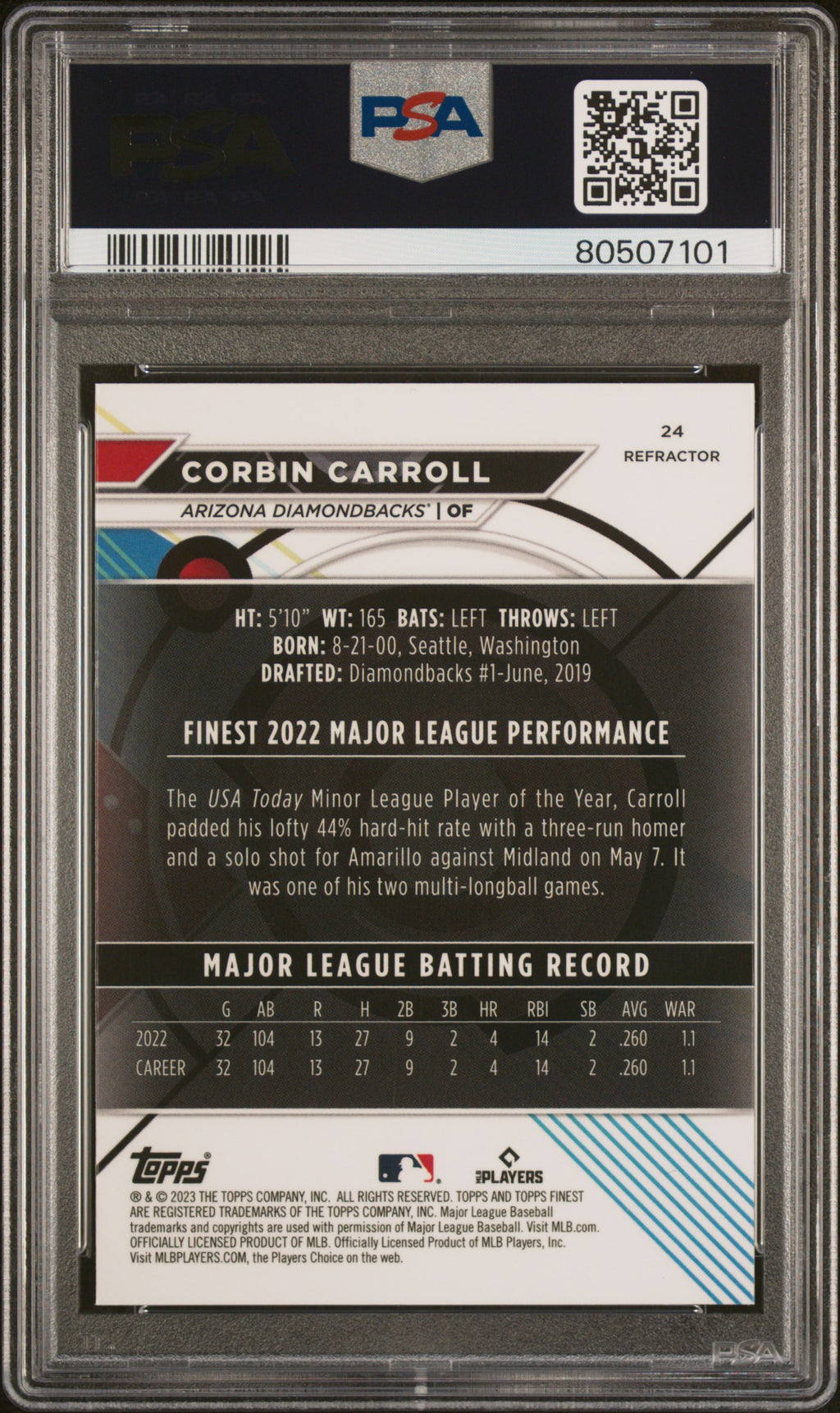 2023 Topps Finest Baseball—Corbin Carroll #24 Refractor —PSA 10