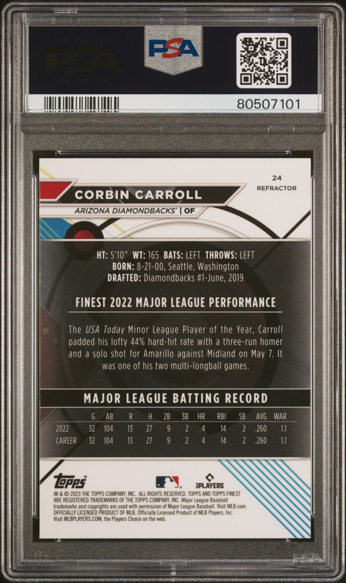 2023 Topps Finest Baseball—Corbin Carroll #24 Refractor —PSA 10