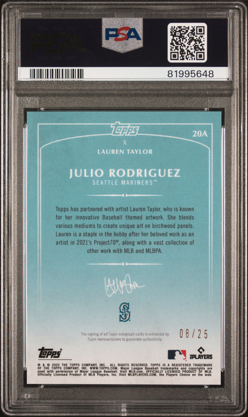 2022 Topps Lauren Taylor Autographs Baseball—Julio Rodriguez #20A Purple —PSA 9