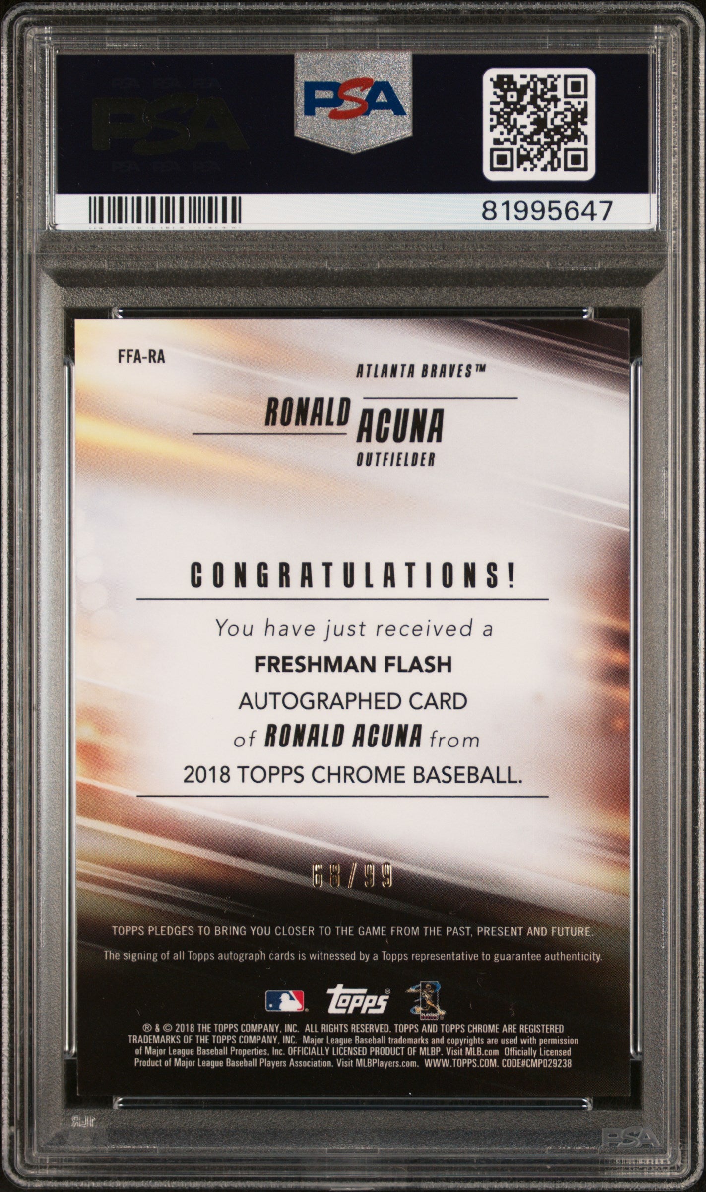 2018 Topps Chrome Freshman Flash Autographs Ronald Acuna #FFARA PSA 10