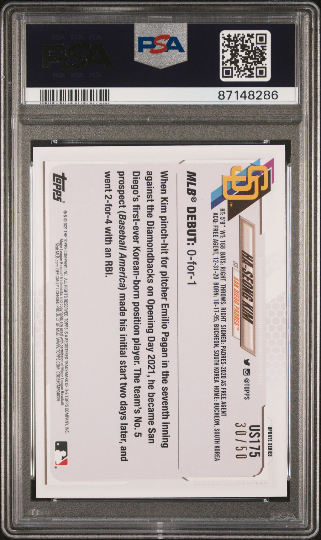 Topps 2021 Update Baseball—Ha-Seong Kim #US175 Father's Day Powder Blue —PSA 10