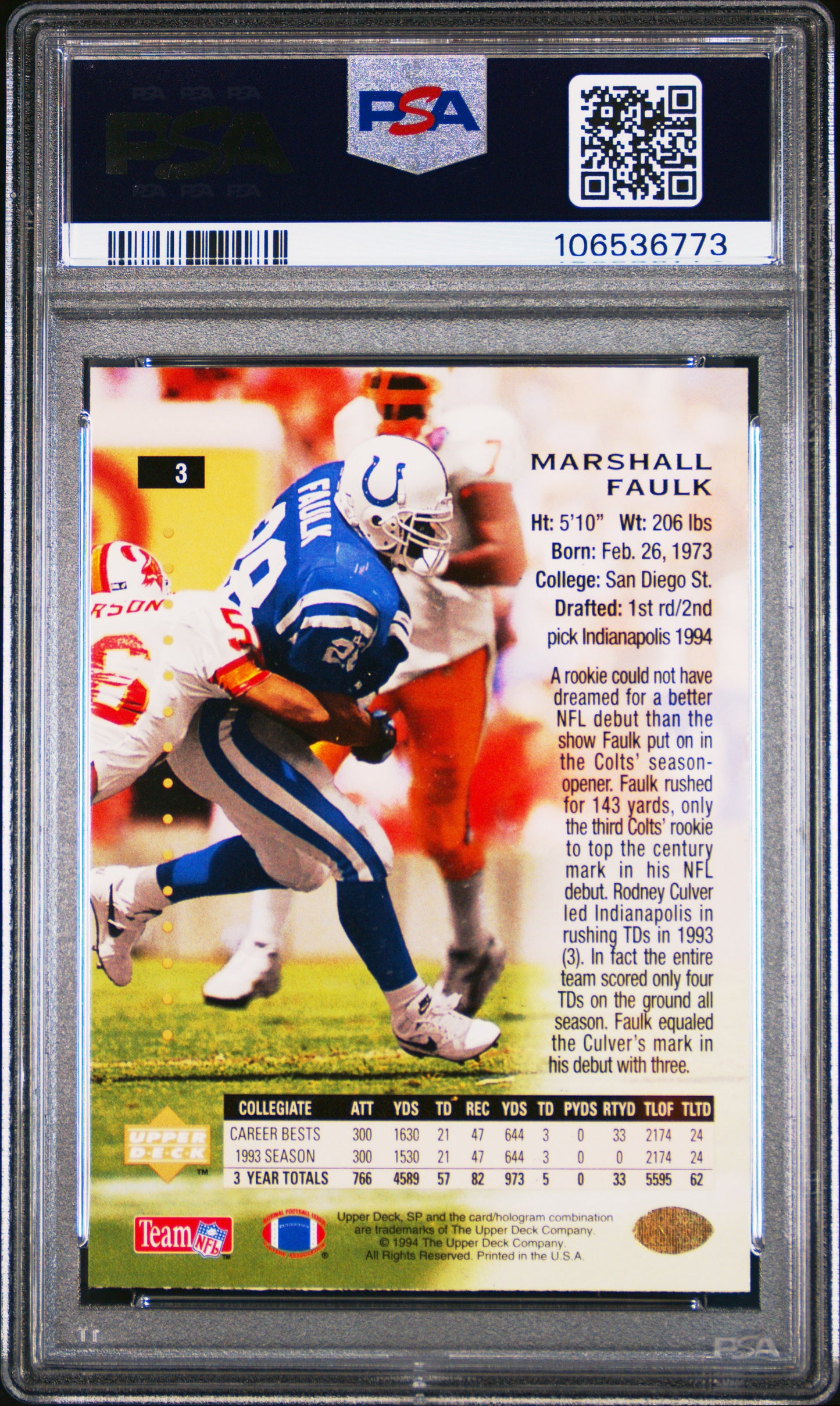 1994 SP Football Marshall Faulk Foil #3 PSA 8