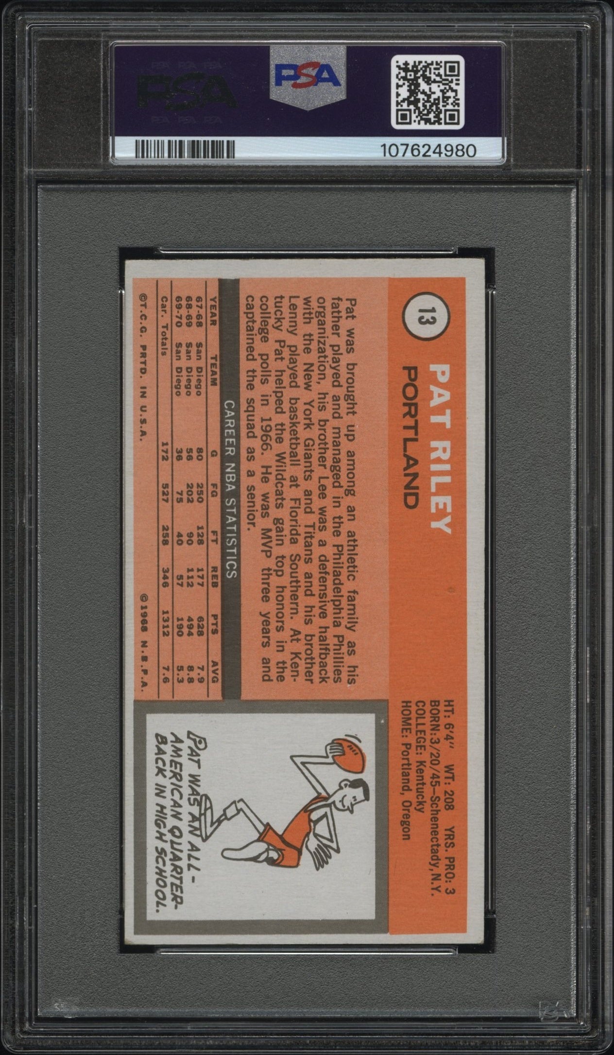 1970 Topps Basketball Pat Riley #13 PSA 4