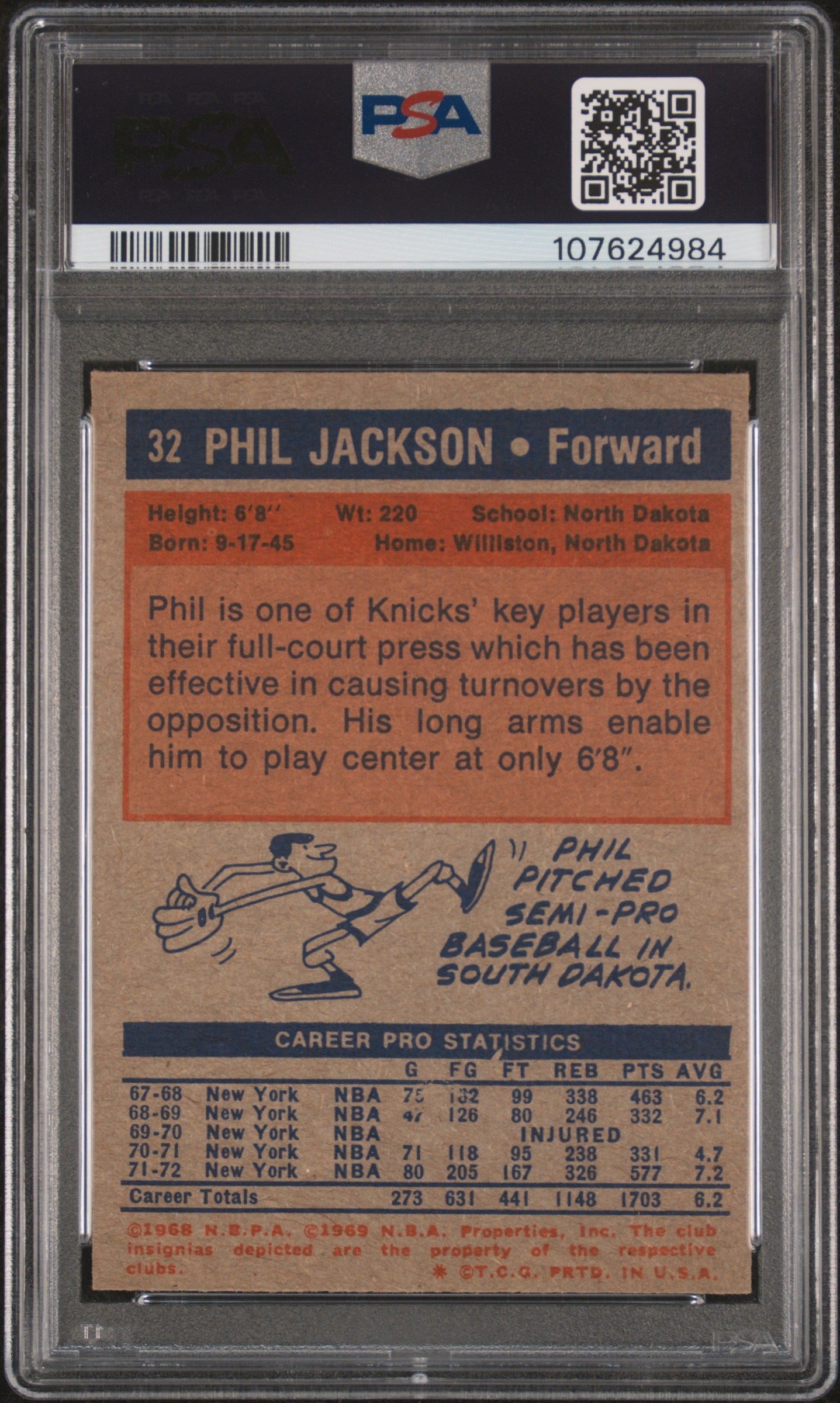 1972 Topps Basketball Phil Jackson #32 PSA 8