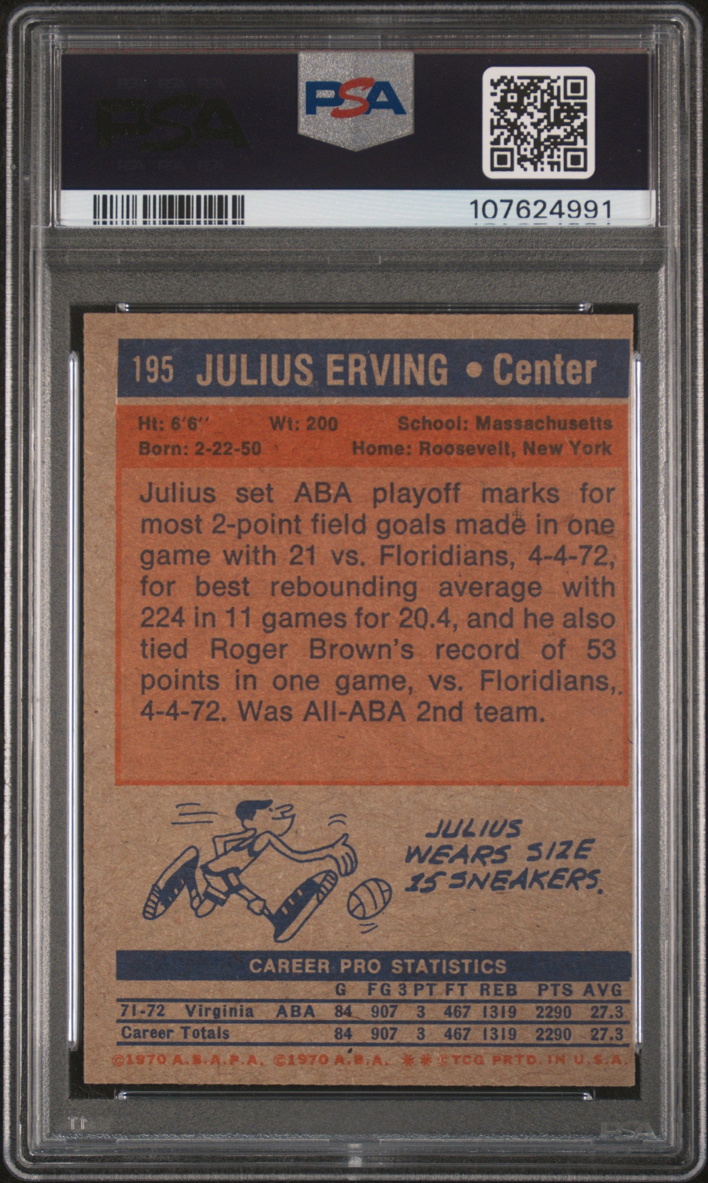 1972 Topps Basketball Julius Erving Oc #195 PSA 8
