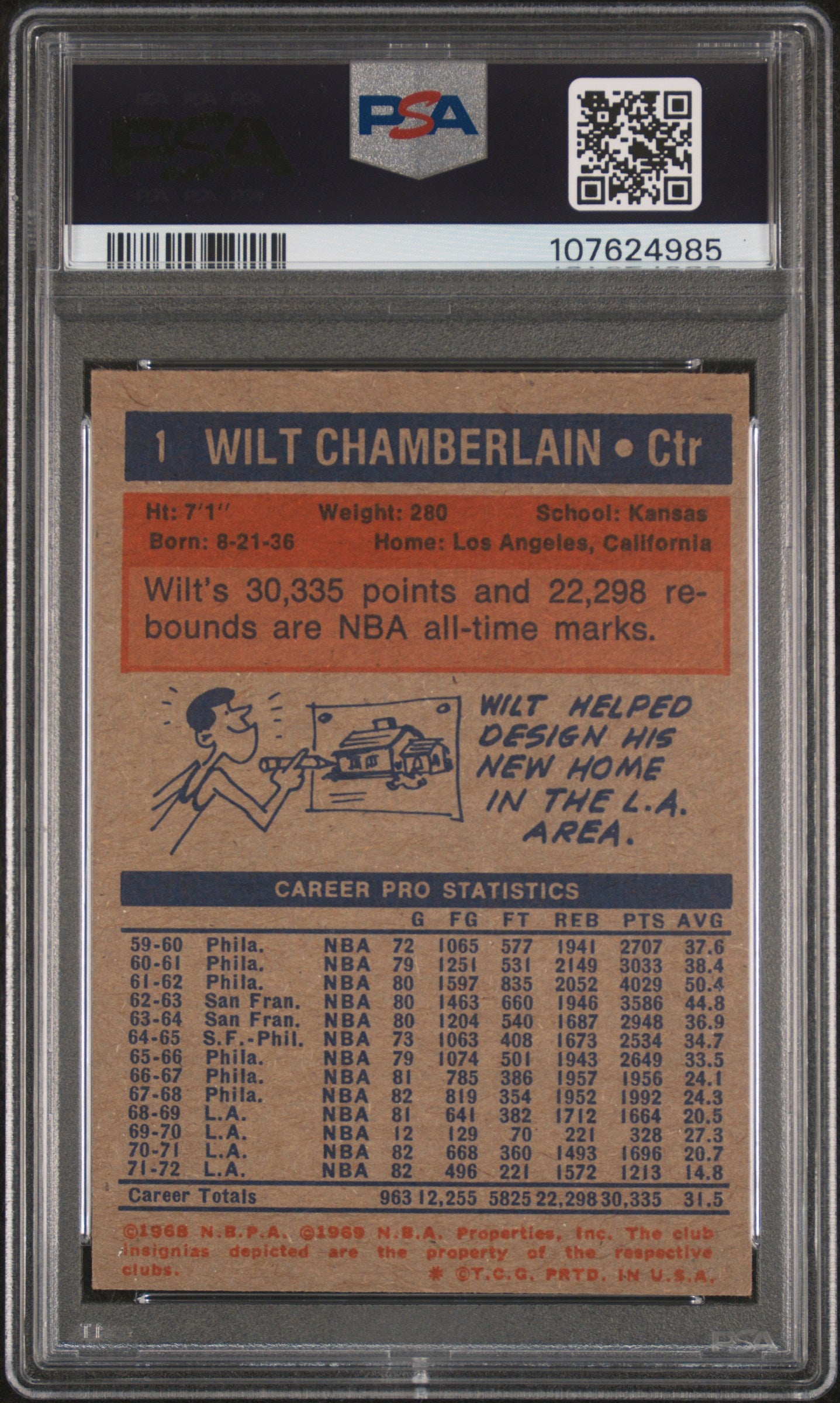 1972 Topps Basketball Wilt Chamberlain #1 PSA 6