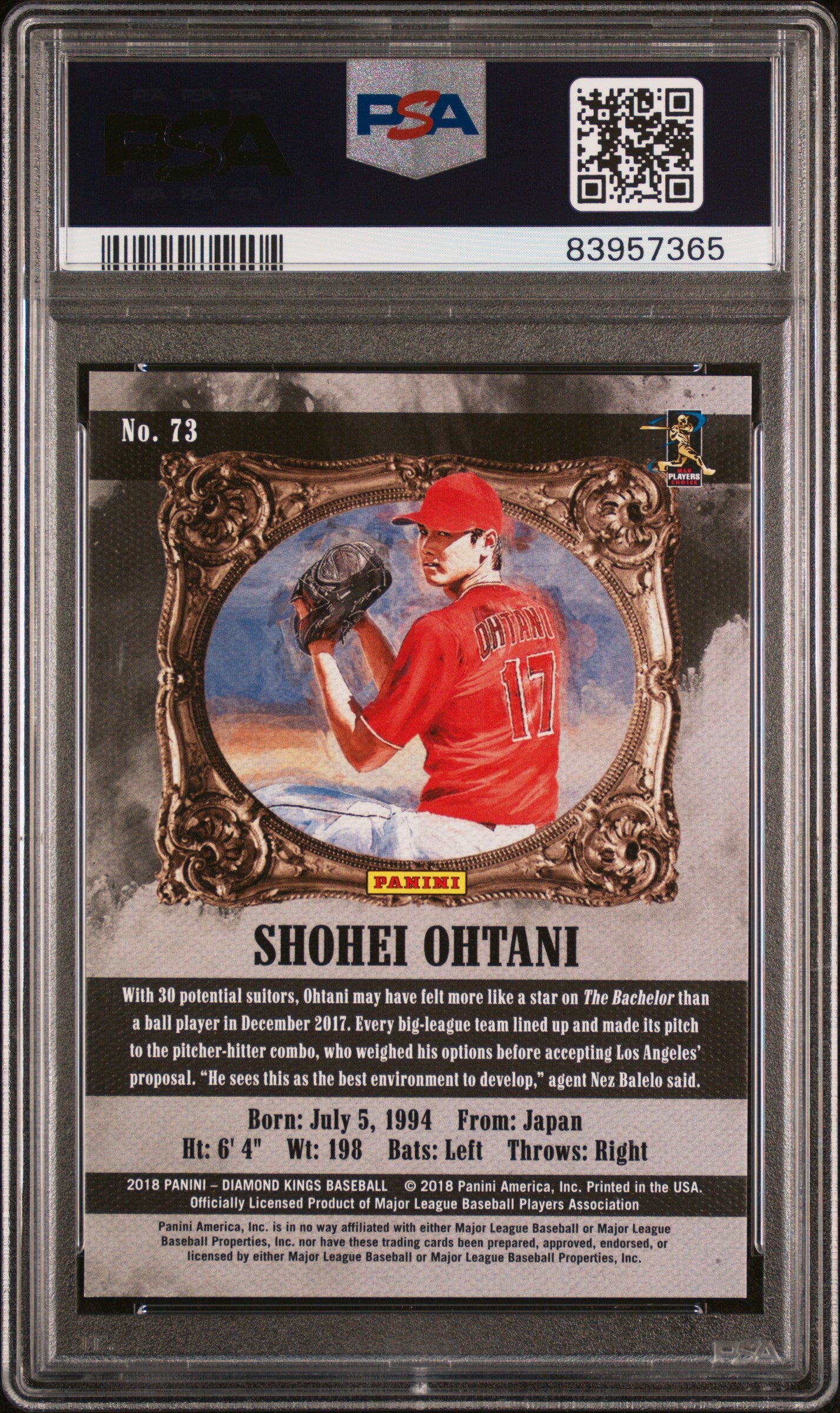 2018 Panini Diamond Kings—Shohei Ohtani #73 Pitch. W/ Knee Up BL. FRM.—PSA 9
