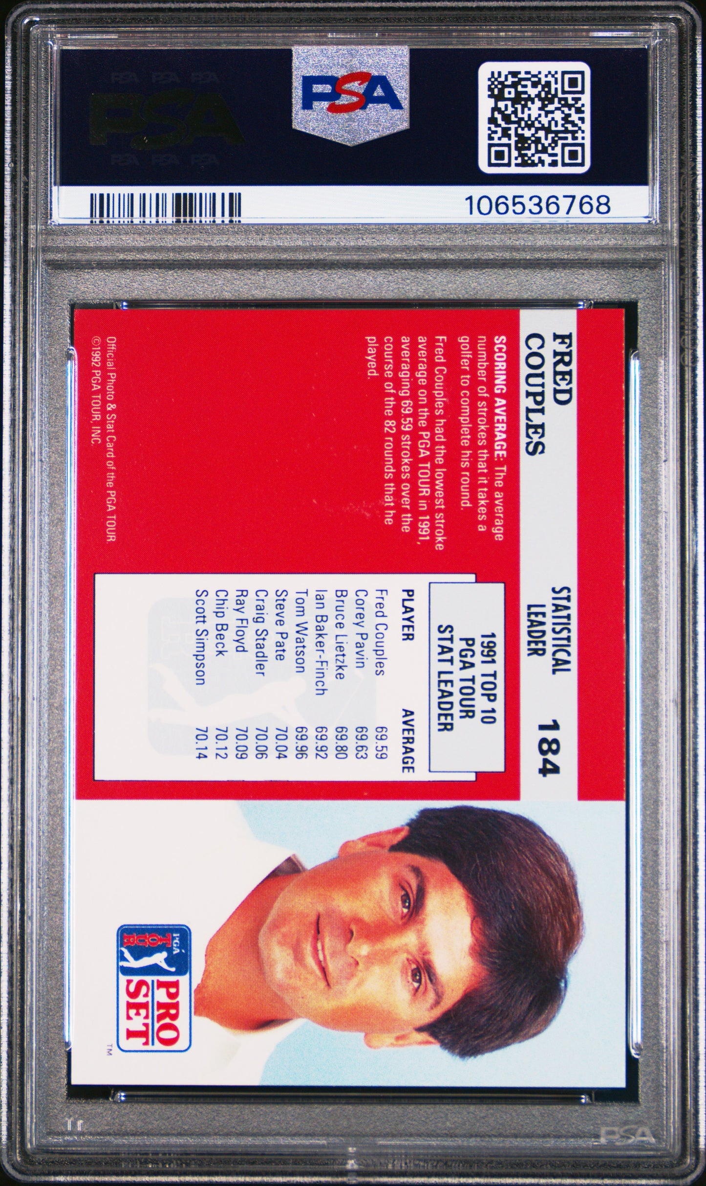 1992 Pro Set Pga Tour Golf Fred Couples Statistical Leader #184 PSA 7