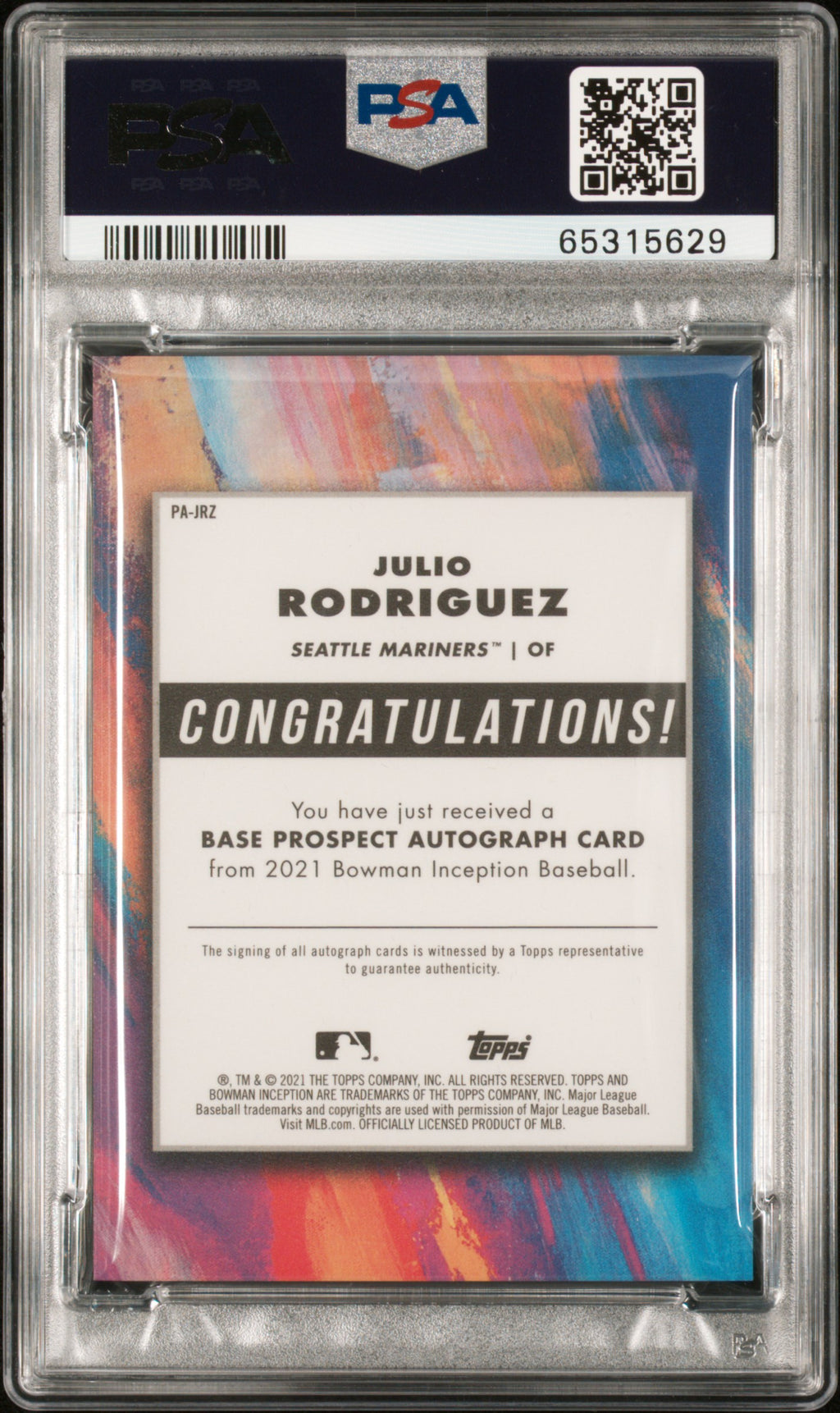 2021 Bowman Inception Auto. Baseball—Julio Rodriguez Foil 15/75—PSA 10 Auto 10