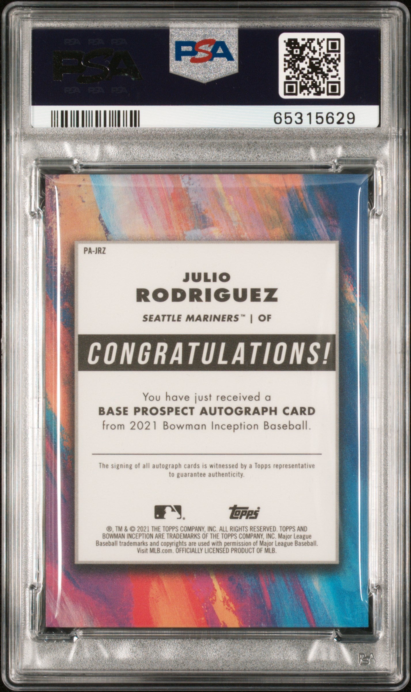 2021 Bowman Inception Auto. Baseball—Julio Rodriguez Foil 15/75—PSA 10 Auto 10