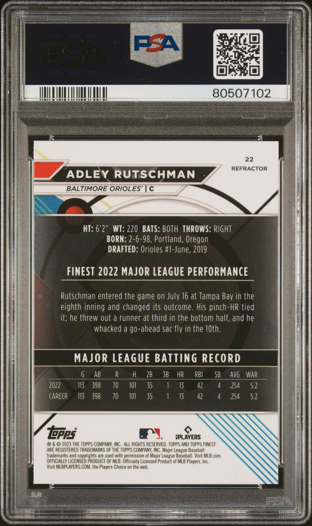 2023 Topps Finest Baseball—Adley Rutschman #22 Refractor —PSA 10