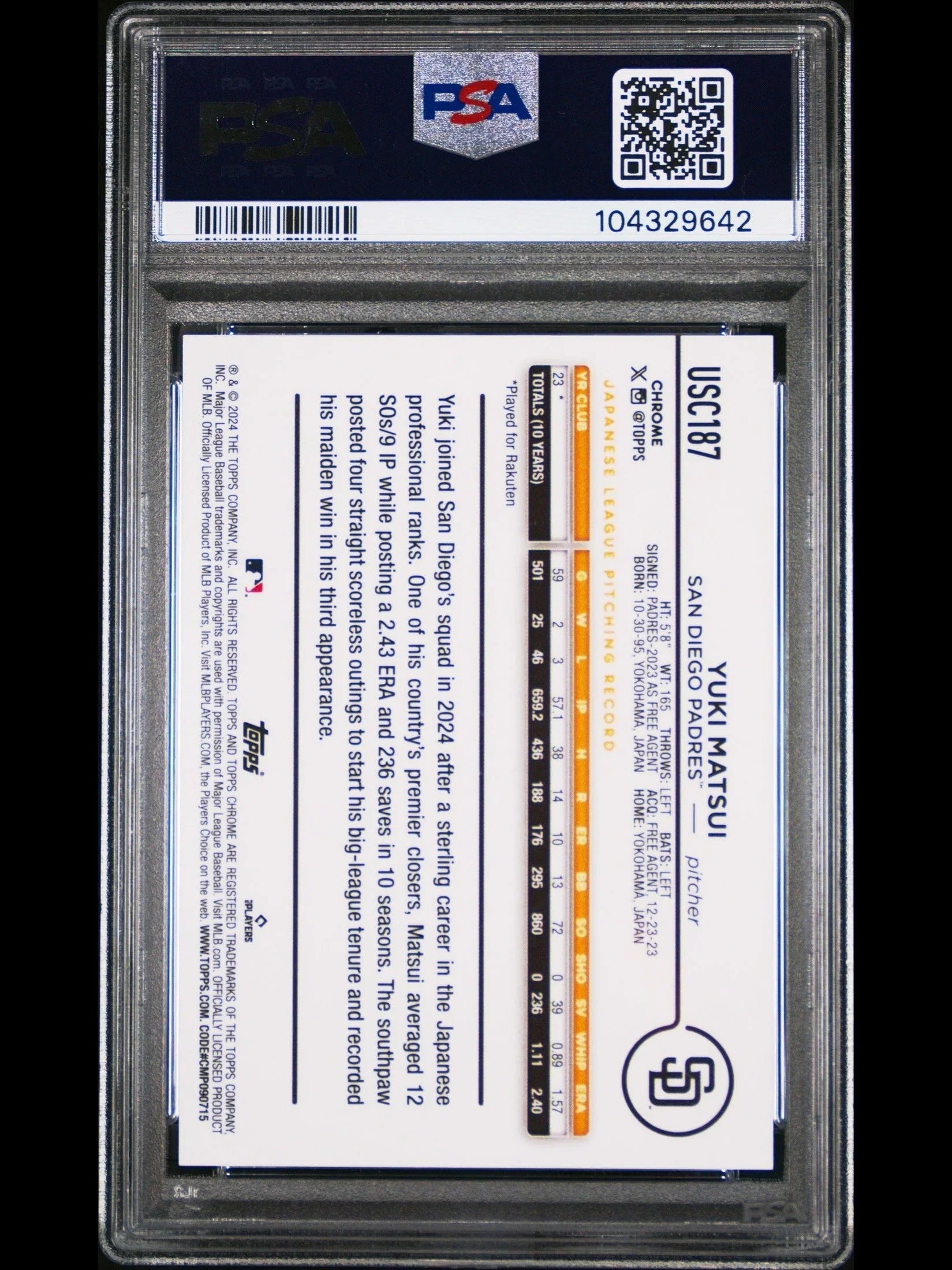 2024 Topps Chrome Update Baseball Yuki Matsui 07/25 #USC187 PSA 10 - Papa Joey's Collectibles