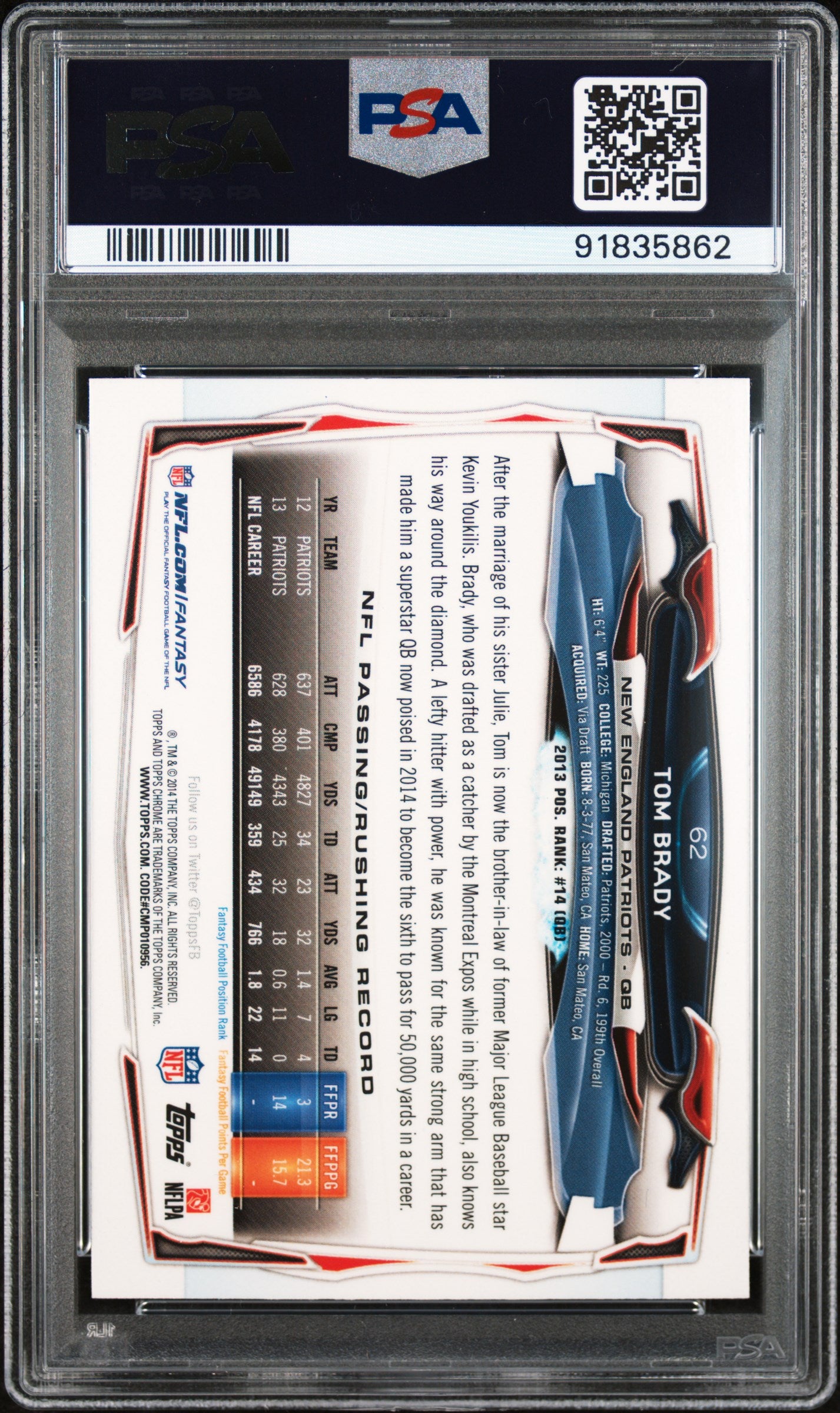 2014 Topps Chrome Football Tom Brady Blue Jersey Refractor #62 PSA 9