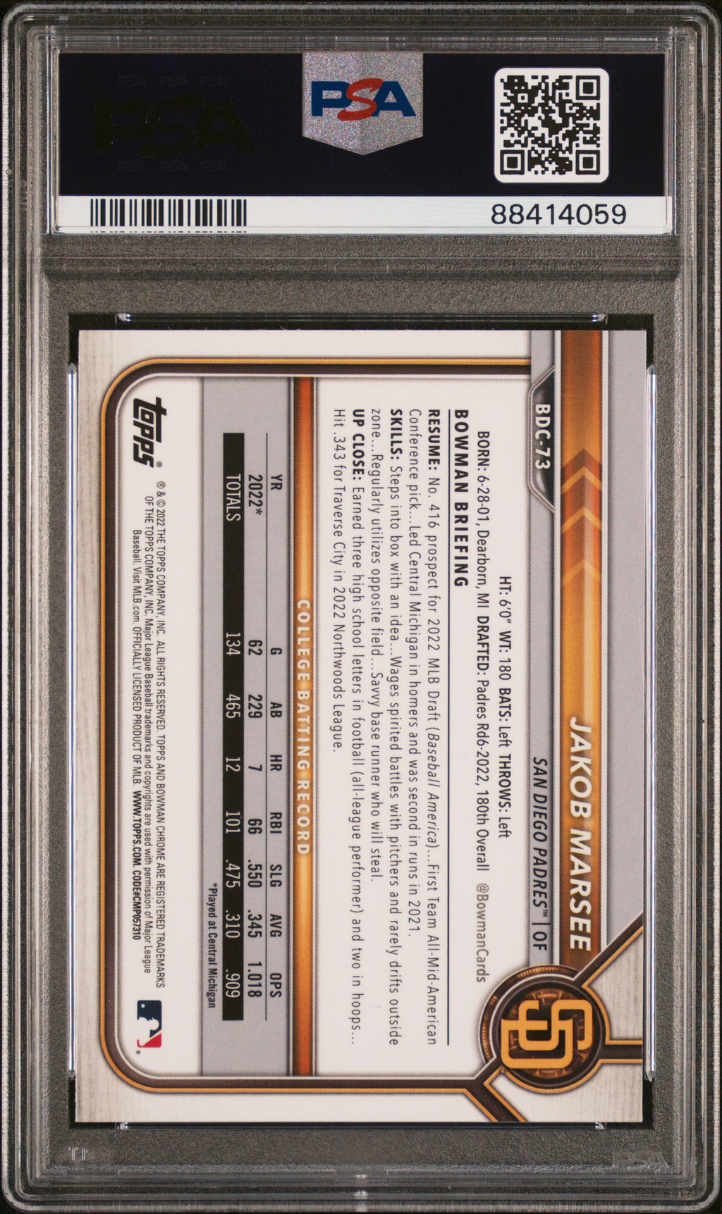 Bowman 2022 Draft Baseball—Jakob Marsee #BDC73 Chrome Asia Refractor —PSA 10