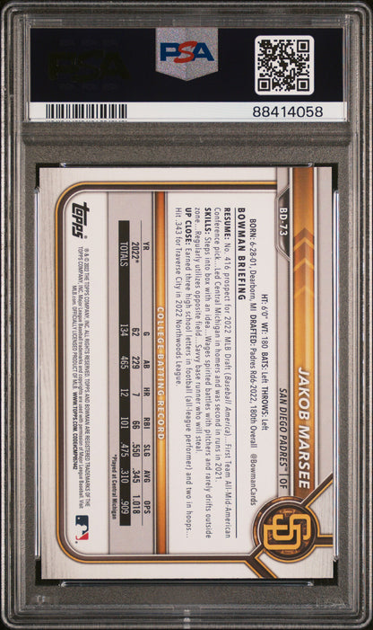 Bowman 2022 Draft 1st Edition Baseball—Jakob Marsee #73 Yellow Foil 48/75—PSA 10