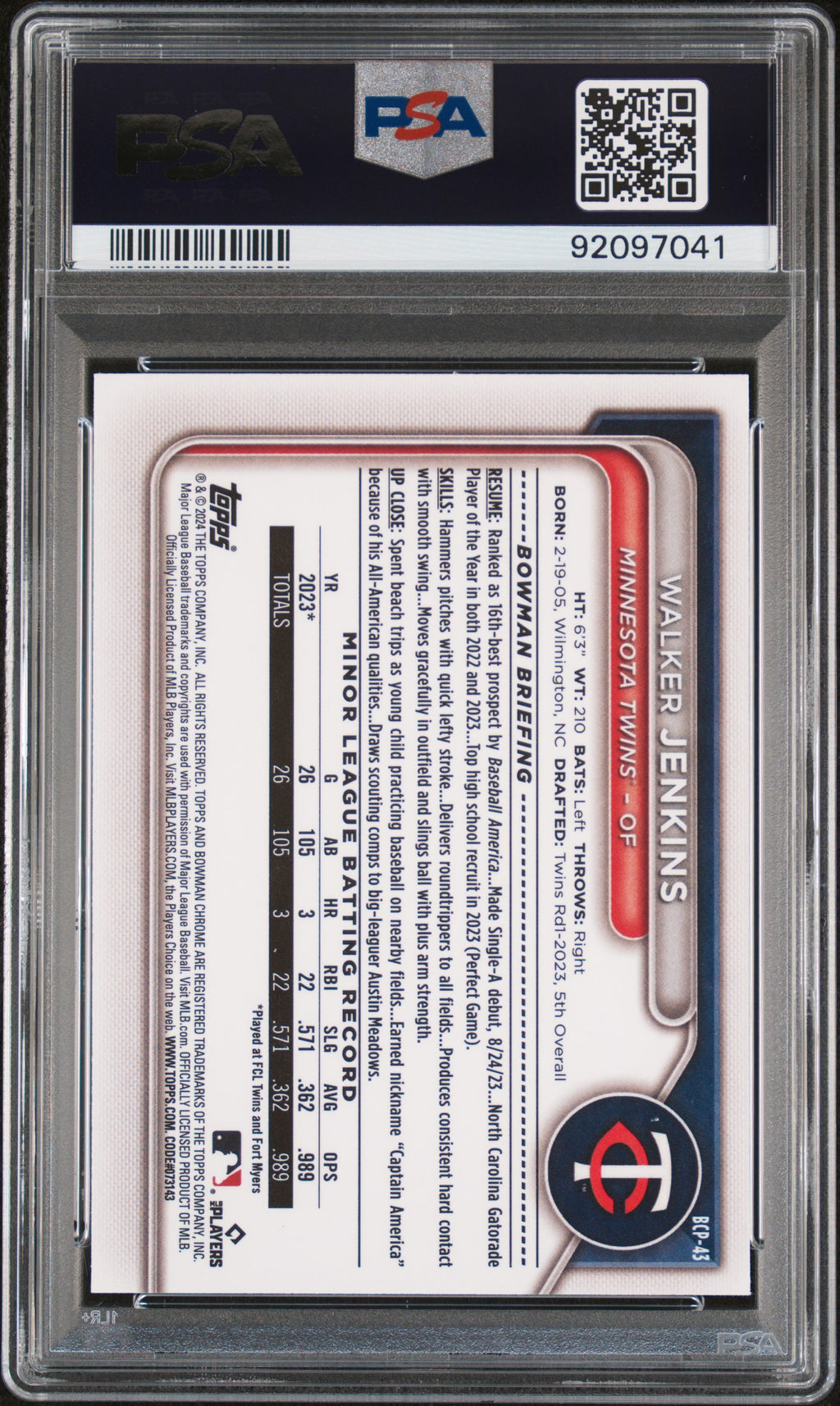 2024 Bowman Chrome Prospects Baseball—Walker Jenkins #BCP43 —PSA 10