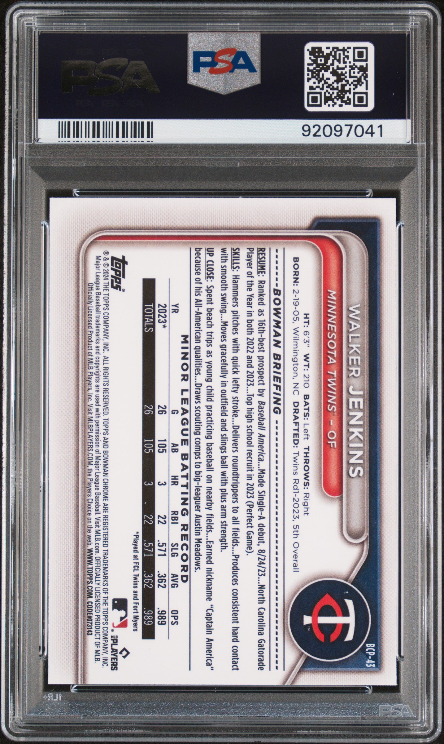 2024 Bowman Chrome Prospects Baseball—Walker Jenkins #BCP43 —PSA 10