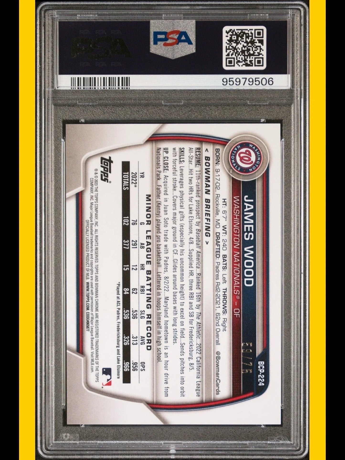 2023 Bowman Chrome Prospects Baseball James Wood /75 #BCP224 PSA 10 - Papa Joey's Collectibles
