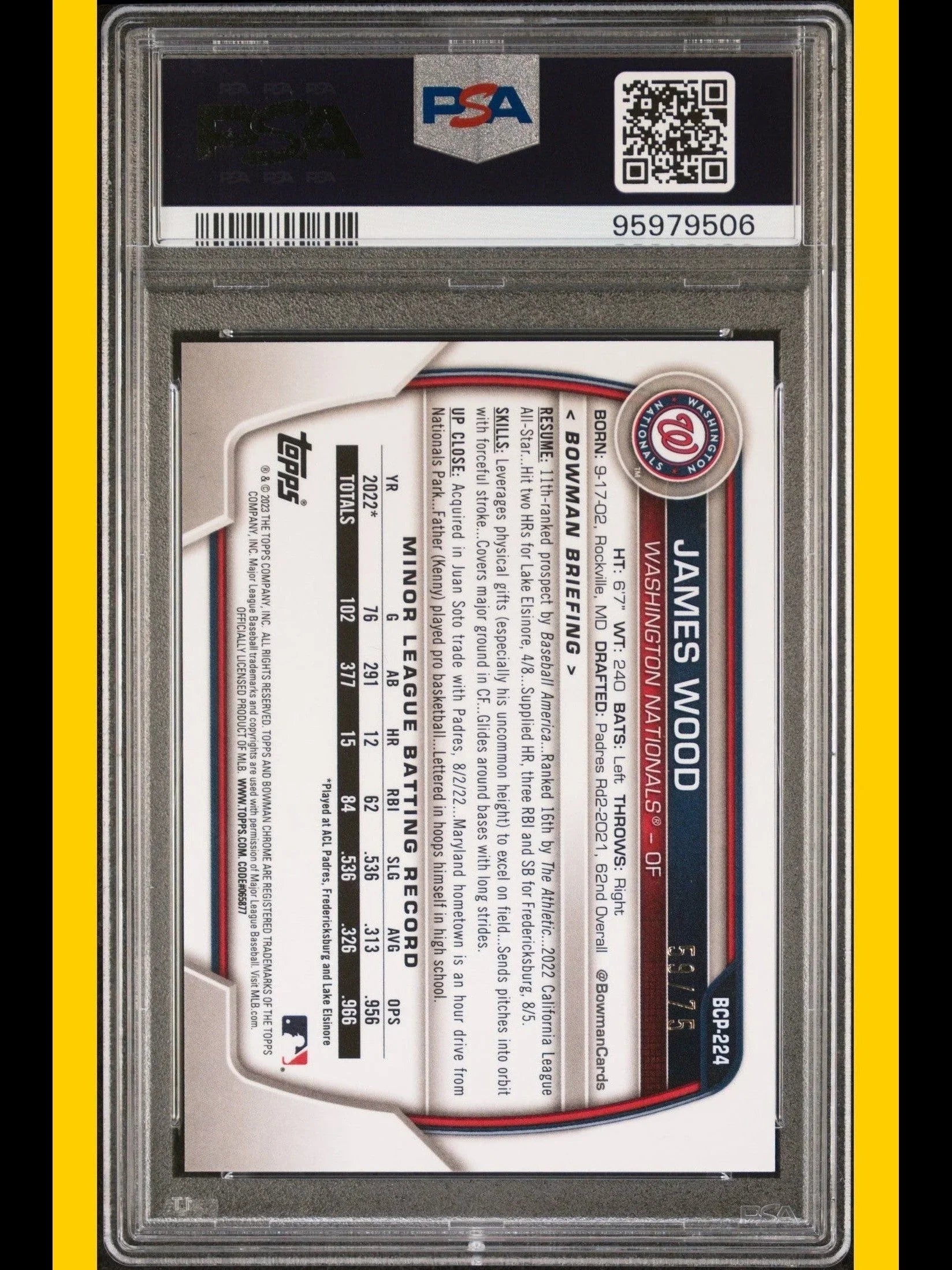 2023 Bowman Chrome Prospects Baseball James Wood /75 #BCP224 PSA 10 - Papa Joey's Collectibles